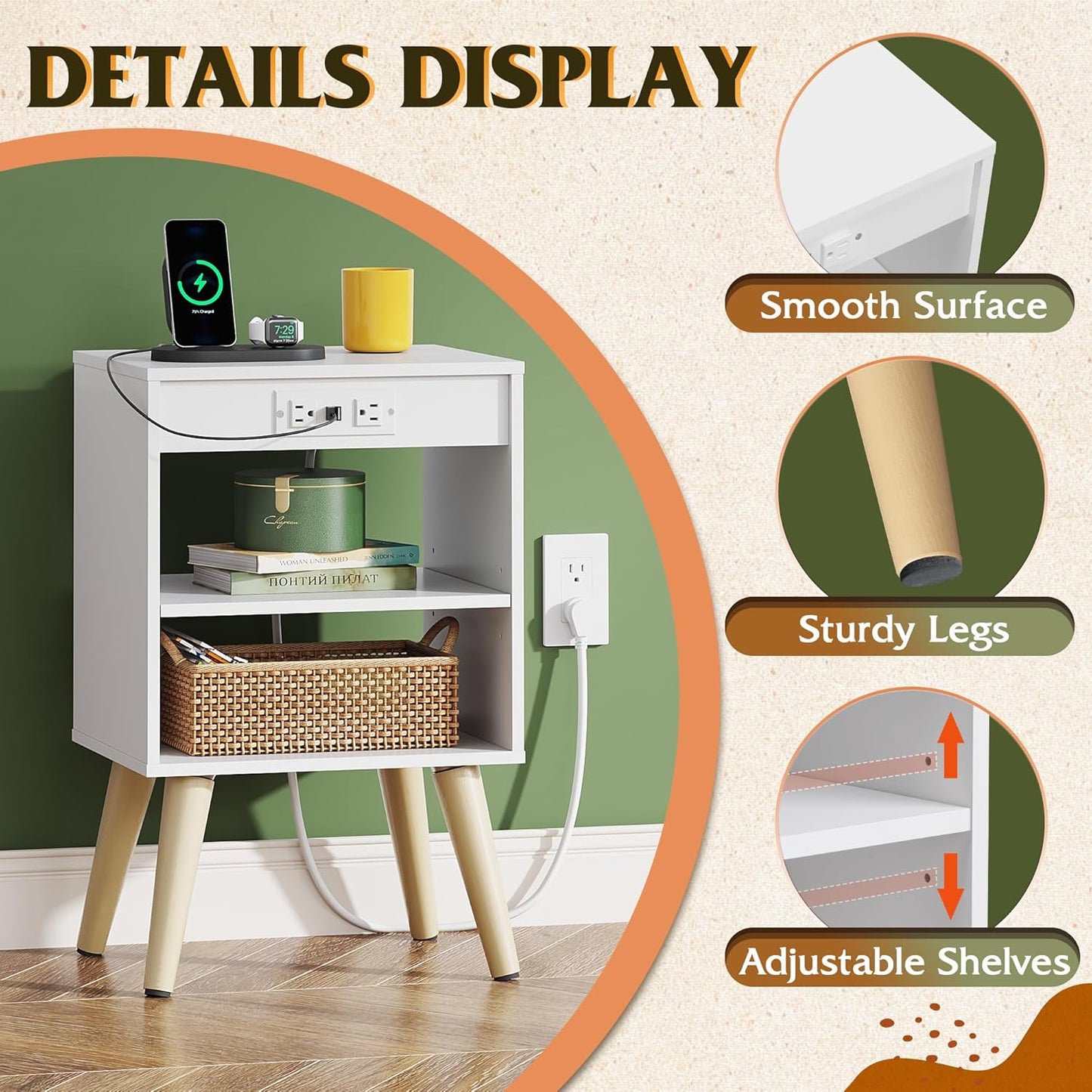 WLIVE White Nightstand, Bedside Tables, Night Stand with Charger Station, Side Table with Storage Shelf, End Table with USB Ports and Outlets for Bedroom, 15.12" D x 11.73" W x 23.74" H