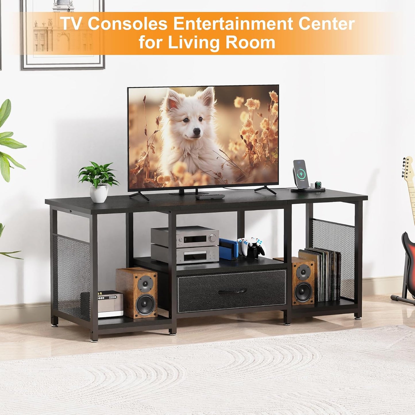 TV Stand with Drawers and Power Outlet for 65 60 55 Inch TV, Entertainment Center with Open Storage Shelves, Industrial Media TV Console Table for Living Room Bedroom Office, Black