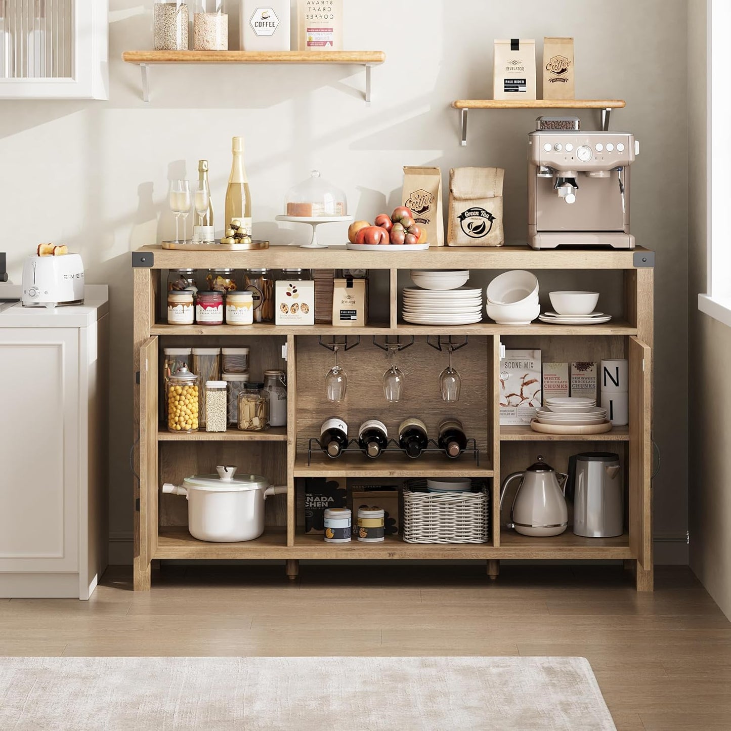 IDEALHOUSE Rattan Buffet Cabinet with Storage, Rattan Wine Bar Cabinet, Sideboard with Glass Holder, Adjustable Shelves, Coffee Bar Cabinet for Living Room Dining Room Hallway, Natural