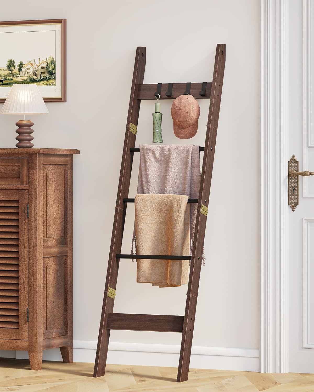 Blanket Ladder for Living Room, Decorative Quilt Rack with 4 Removable Hooks, 5-Tier Farmhouse Ladder Holder Shelf Organizer for Bedroom, Black Tea Brown and Black BR02120B