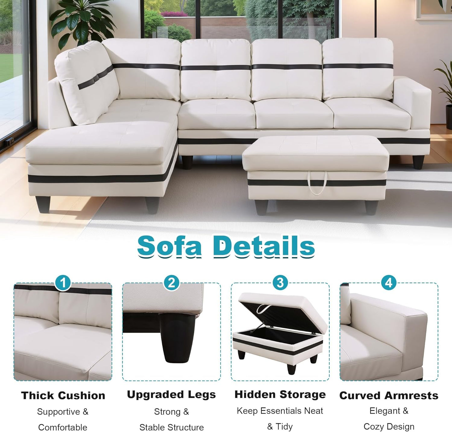 103.5" Oversized Sectional Couch, L Shaped Couch with Storage Ottoman, Modern Modular Sofa with Deep Seat, Sectional Couches for Living Room and Office, White and Black (PU Leather)