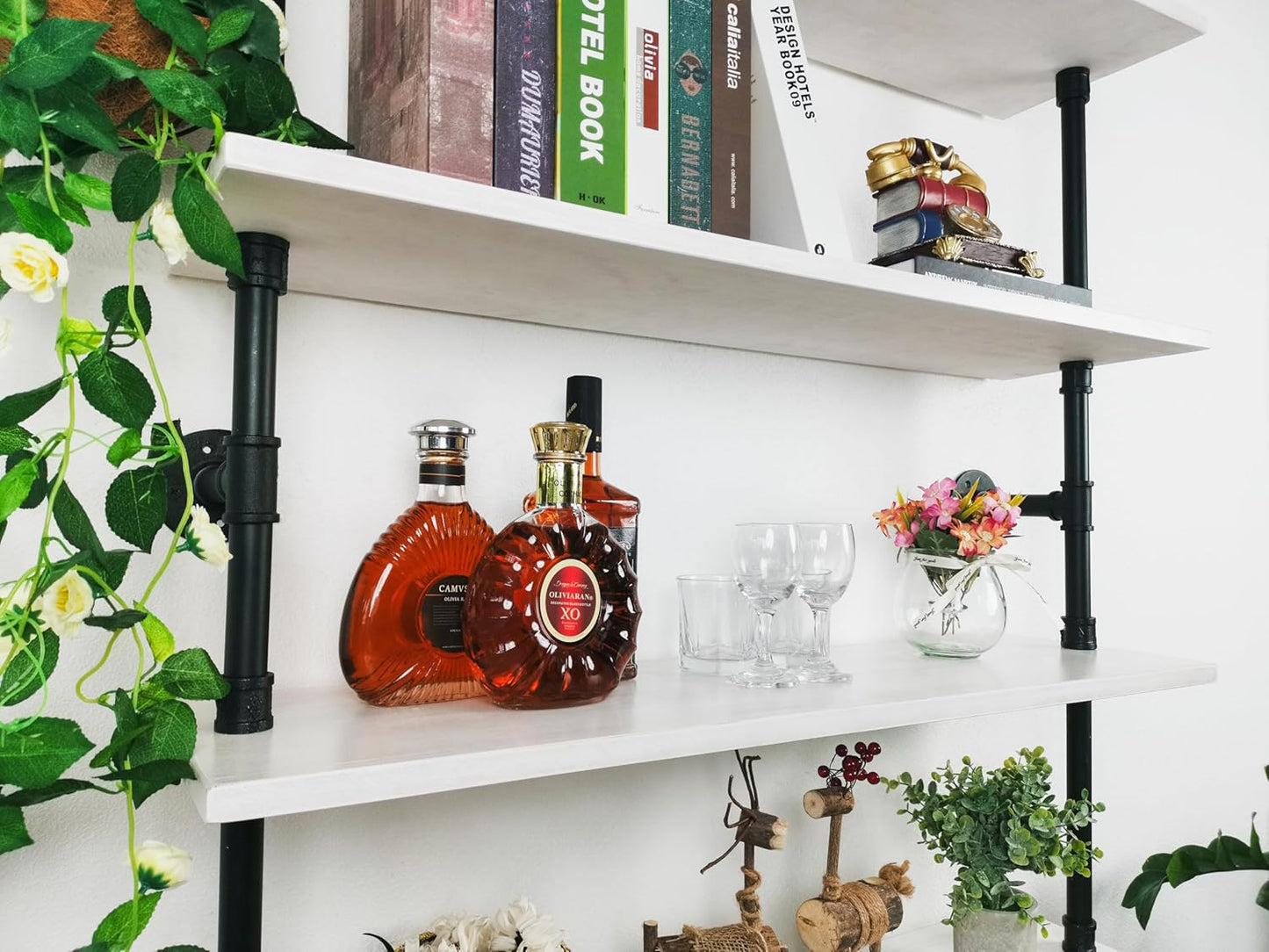 Ladder Pipe Shelves, Wall Mounted Industrial Shelves for Living Room Storage (White, 5 Tier - 10" D x 36" W x 70" H)