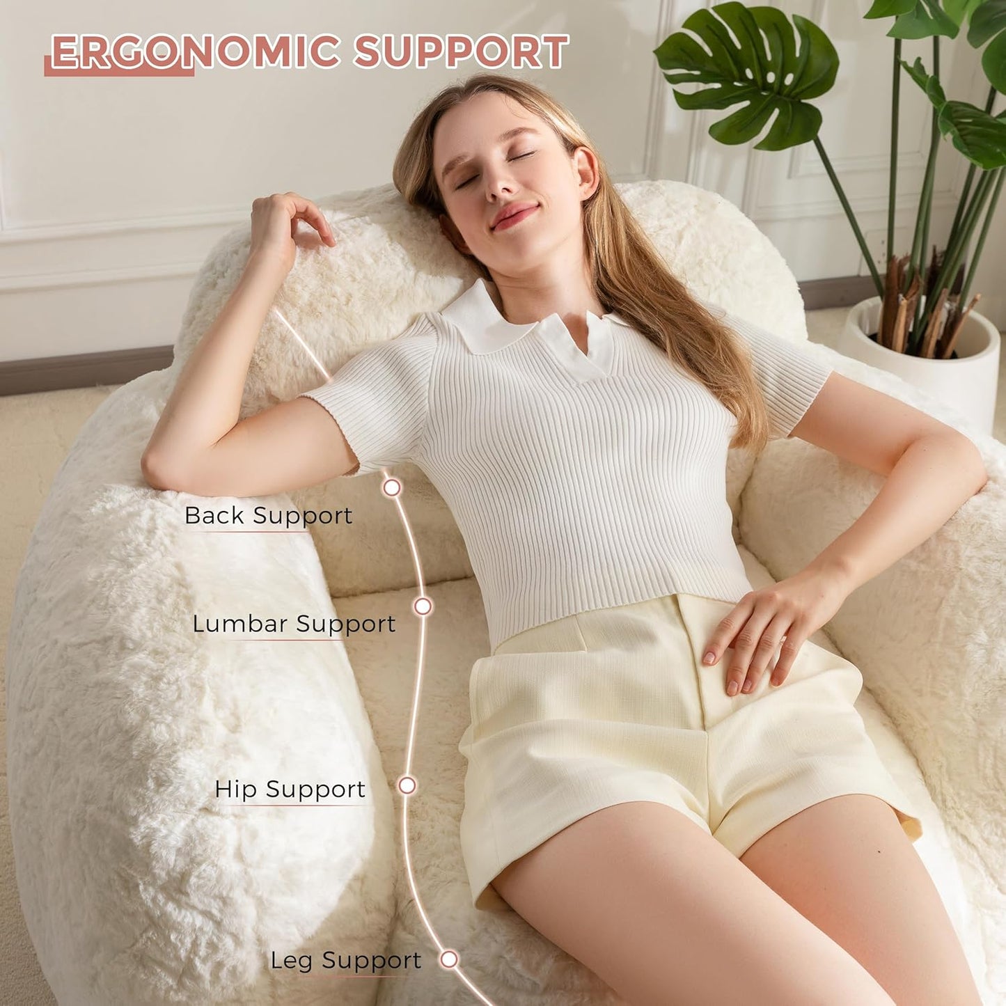 MAXYOYO Bean Bag Chair, Comfy Pebble Shaped Single Bean Bag Sofa for Adults, Stuffed Floor Sofa with Supportive Backrest & Armrests, Modern Faux Fur Accent Chair for Living Room & Bedroom, Beige