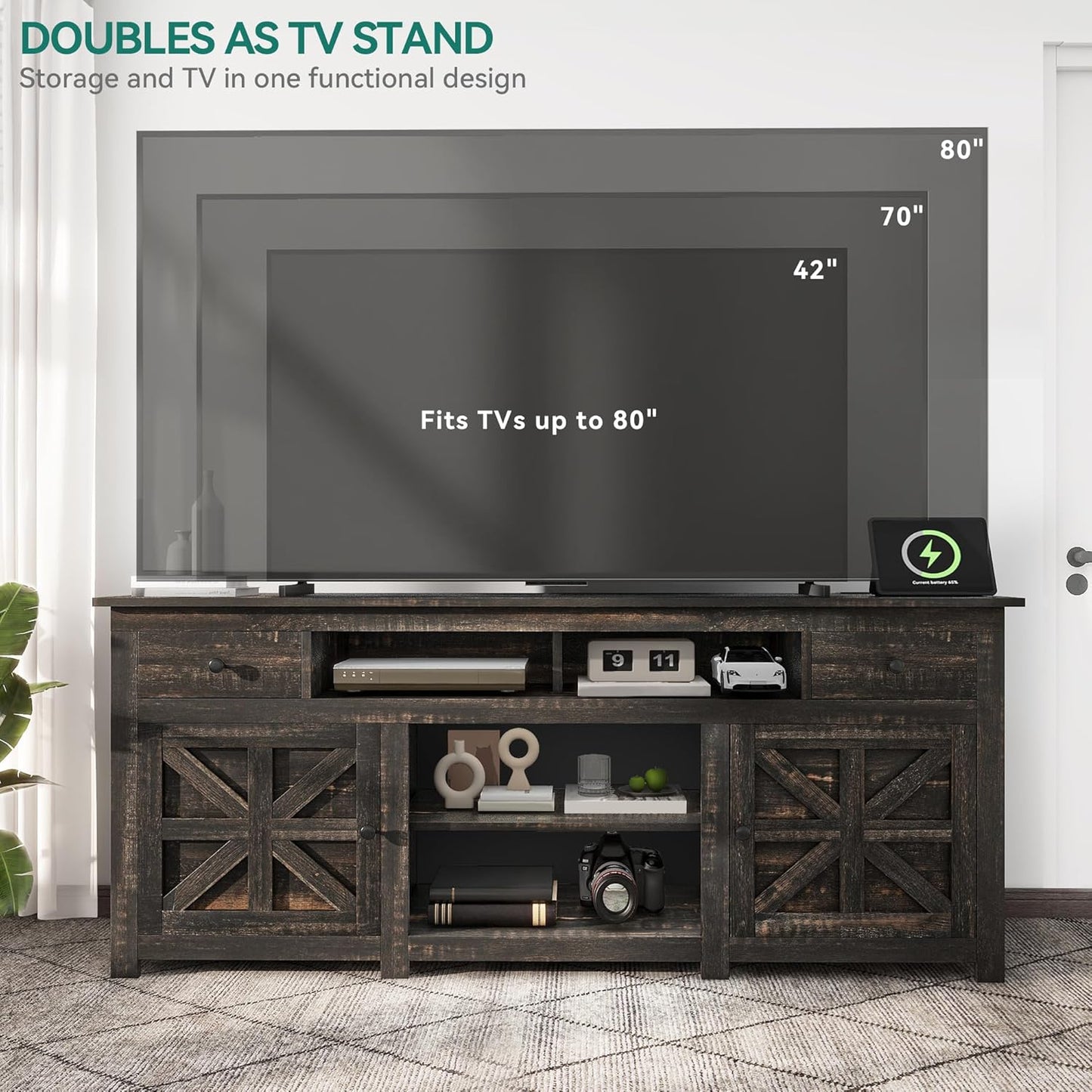 YITAHOME TV Stand for 75/80 Inch TV, Entertainment Center, TV Cabinet with Drawers and Power Outlet, Dark Rustic Oak TV Console for Living Room Furniture (70 Inch Lenght 30 Inch High)