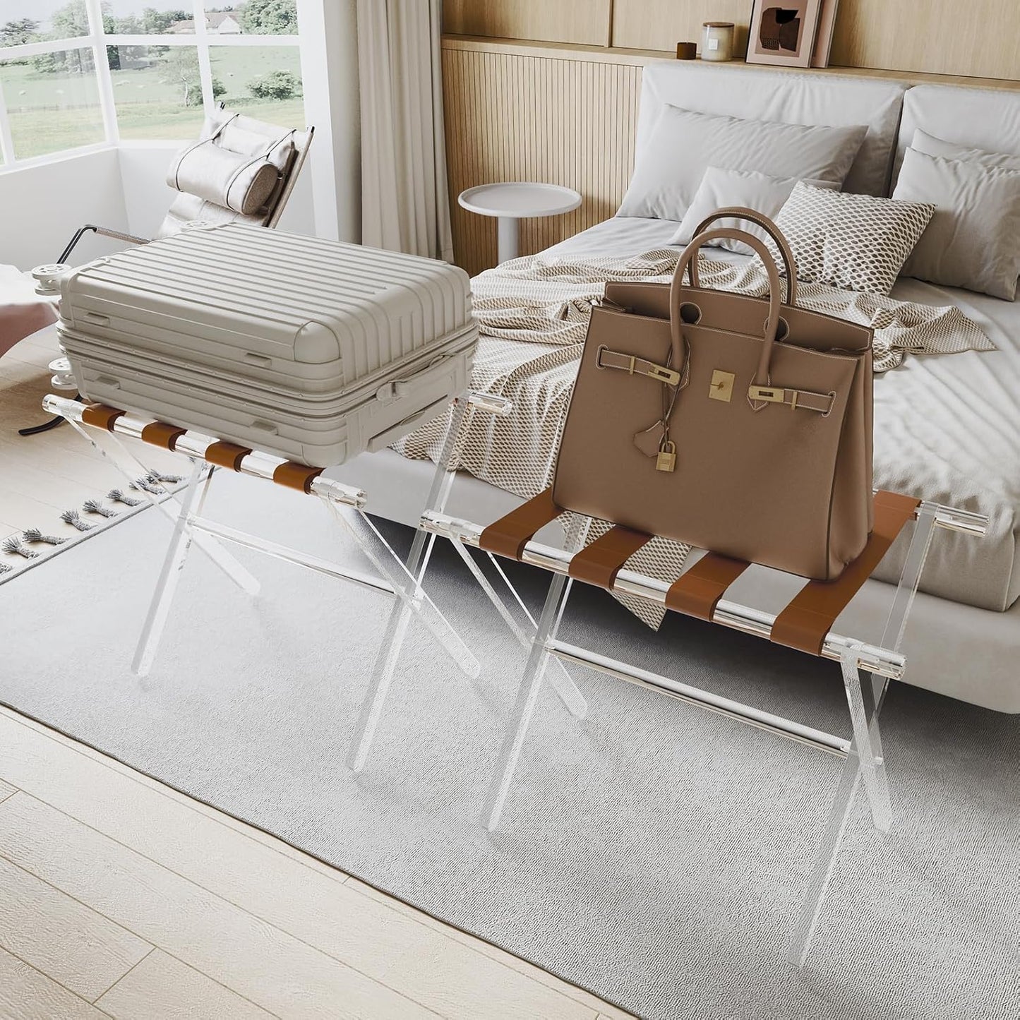 Sumerflos Acrylic Luggage Rack for Guest Room - Foldable Suitcase Stand with Leather Straps for Bedroom Living Room Hotel Heavy-Duty, Holds up to 50-100 lb lightweight Space Saving (Brown & Handle - 2 Pcs)