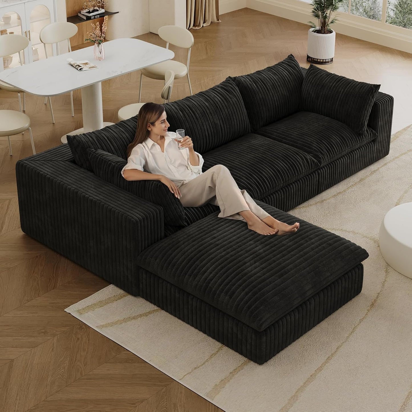 118.2" L Shaped Modular Sectional Cloud Couch with Ottoman, Plush Corduroy Upholstered Compression Sofa, 4-Seat Deep Seat Boneless Sofa Couches with Throw Pillow