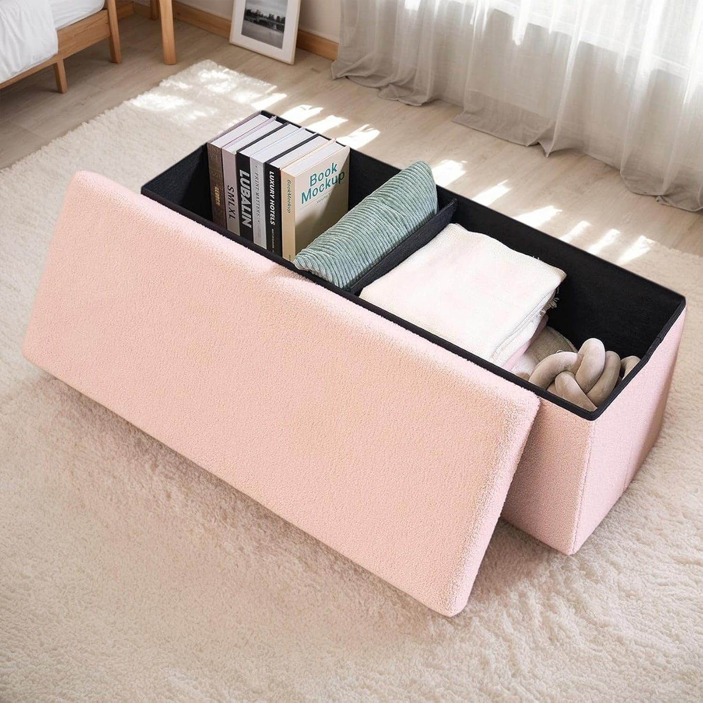 43 Inches Storage Ottoman Bench - Extra Large Foldable Ottoman with Storage, Bench for Living Room, Bedroom, Entryway - Pink