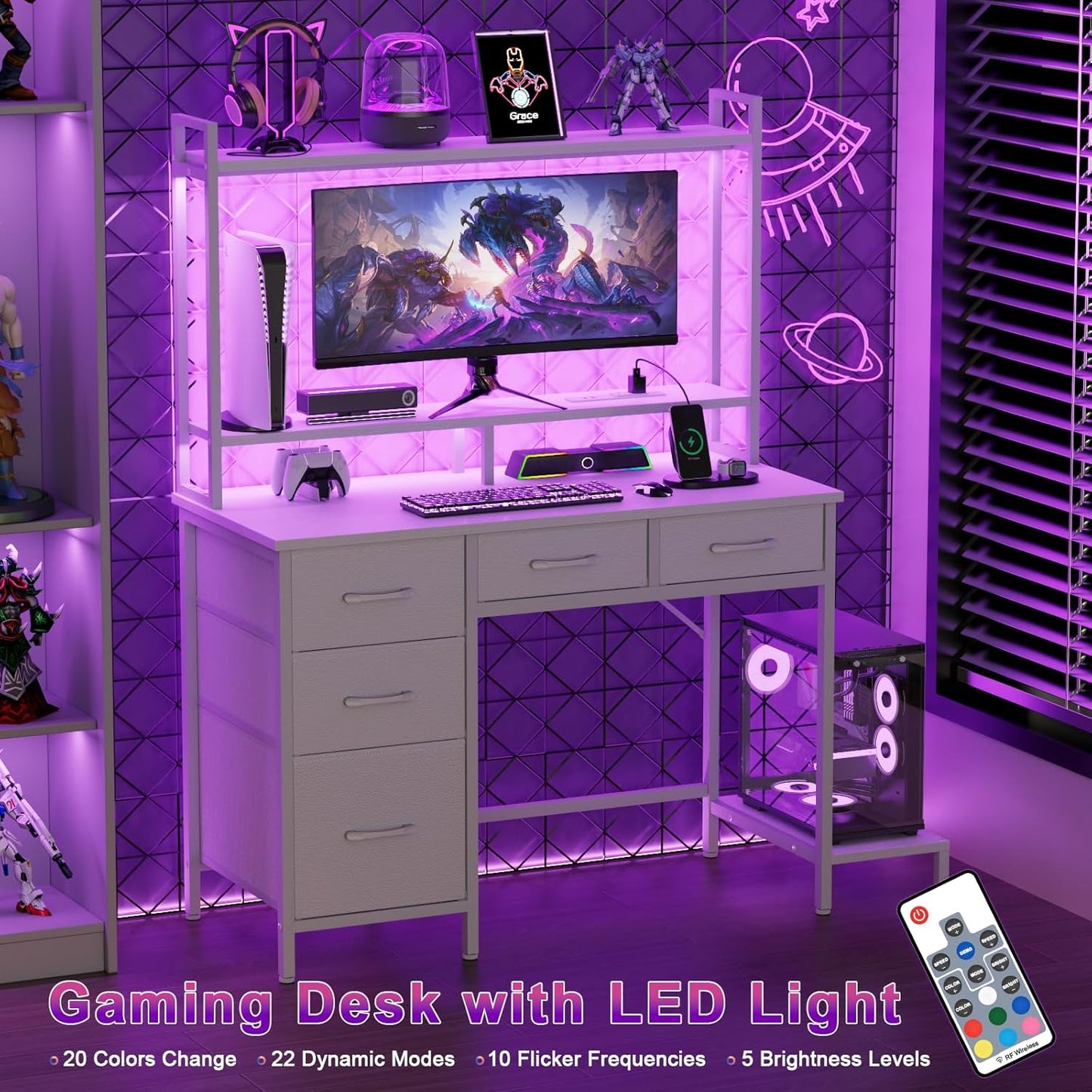 Computer Desk with Hutch, White Gaming Desk with Power Outlets & LED Ligthts & 5 Fabric Drawers, Home Office Desk with 2 Tiers Storage Shelves for Display (White Oak, 39 Inch)