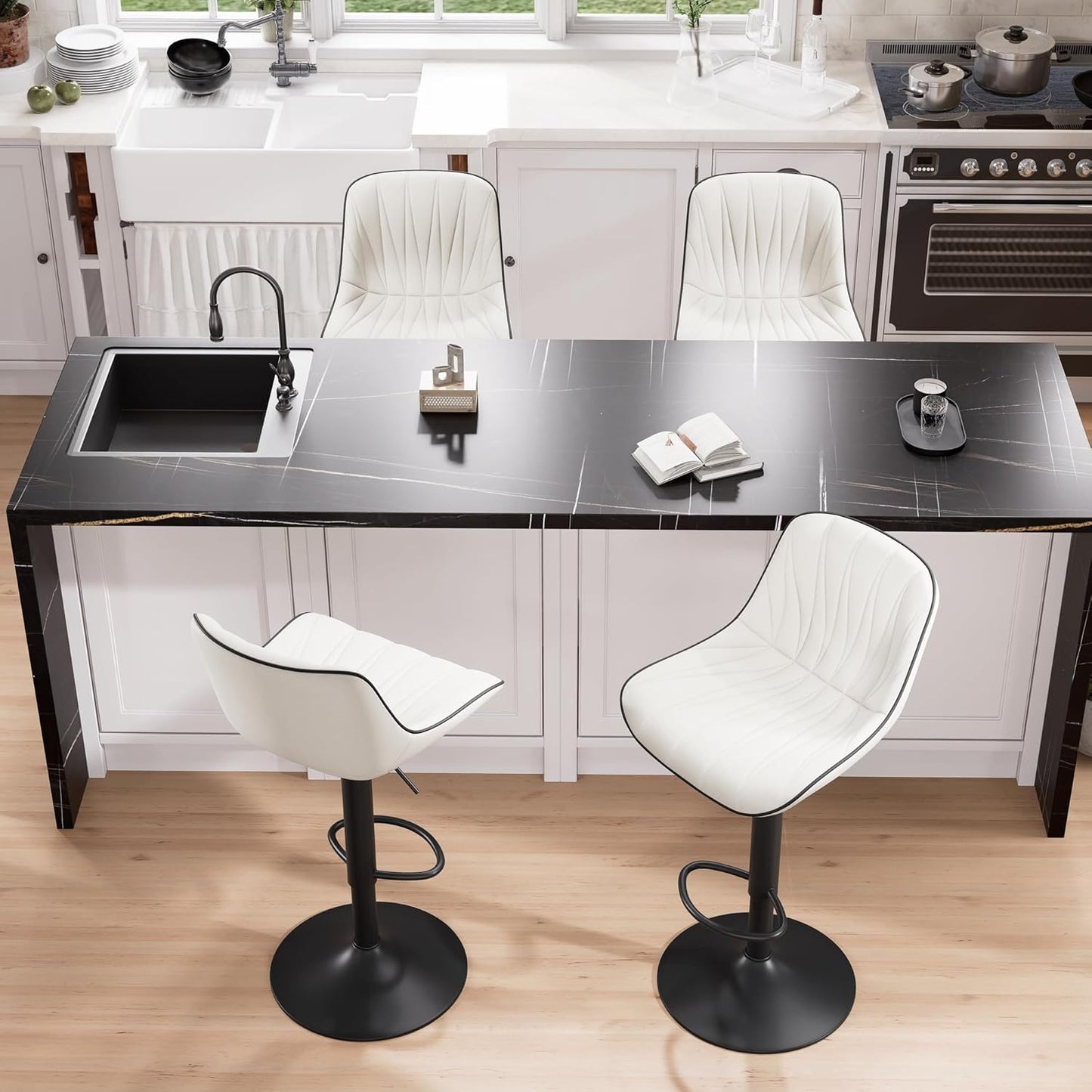 YOUNIKE Bar Stools Set of 2 for Kitchen Island, White Faux Leather Padded Bar Stools, Adjustable Barstools with Back, Modern Tall Bar Stools with 300LBS Support, Counter Height Swivel Bar Chairs