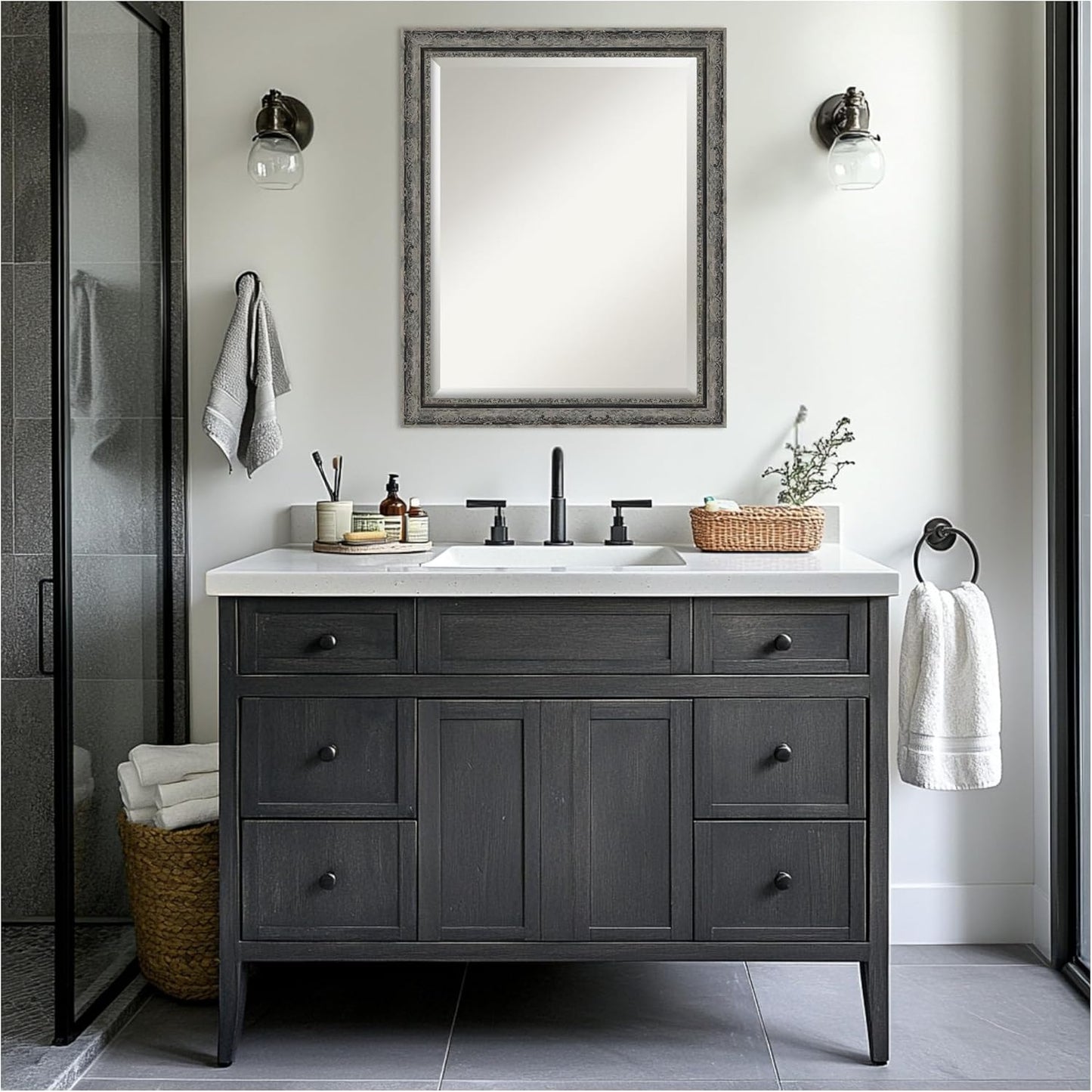 Amanti Art Bathroom Mirror for Over Sink, 27x33 Filigree Matte Black Rectangle Vanity Mirror, Large Traditional Frame, Hangs Horizonally and Vertically, Bathroom Wall Decor, Beveled Edge