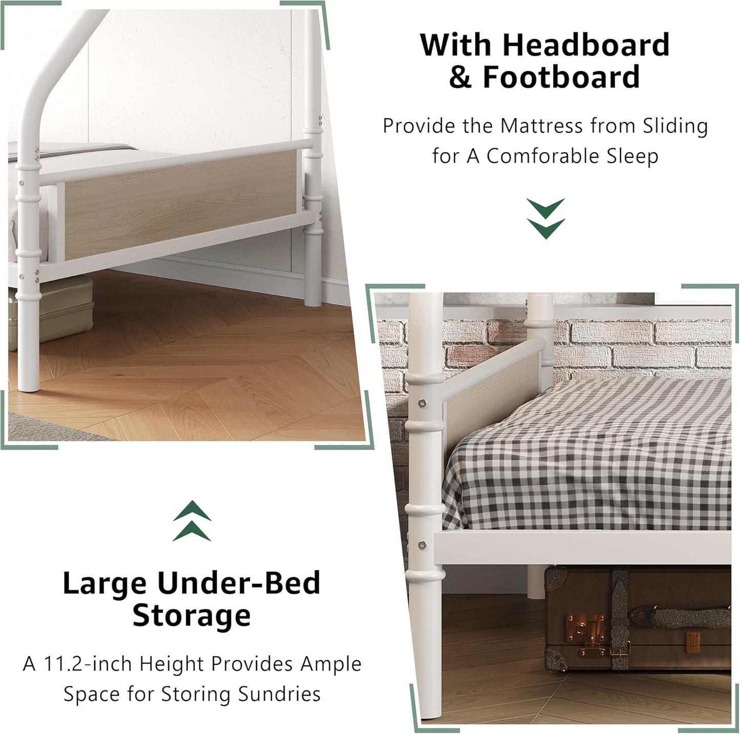 Metal Bunk Bed Twin Over Full, Industrial Bunkbeds Heavy Duty Bed with Safety Guard Rails and Space-Saving Design, Steel Bed for School, Bedroom (White)