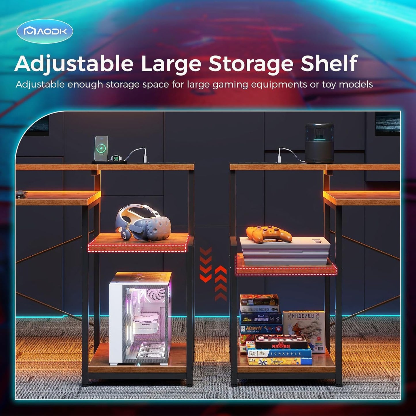 AODK Computer Desk, 48 Inch Gaming Desk with Led Lights & Power Outlet, Office Desk with Storage Shelves, Reversible Desk with Monitor Shelf & Headphone Hook, Rustic Brown