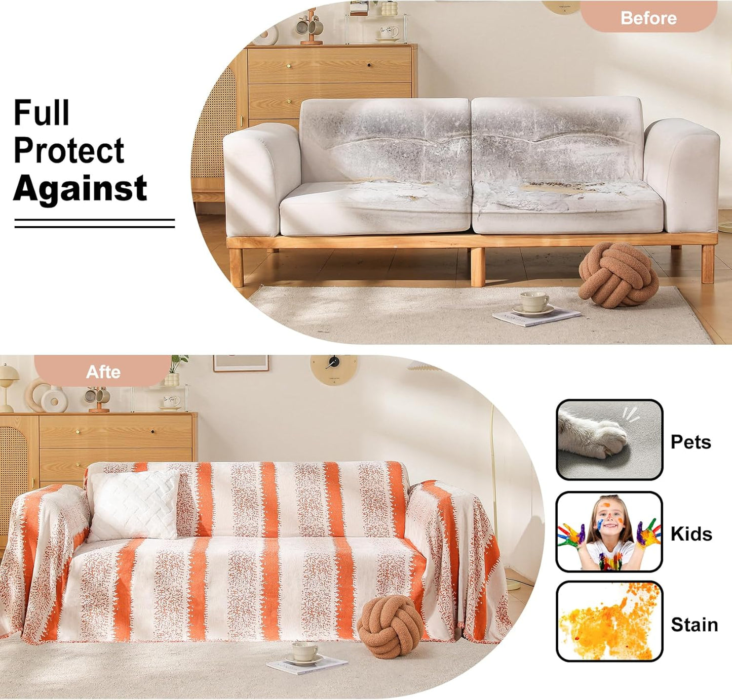 Boho Couch Cover, Sofa Cover, Sofa Covers for 2 Cushion Couch, Washable Sectional Couch Covers for Dogs Pet Furniture Protector Couch Cover Blanket for Living Room (1# Orange, 71" x 118")