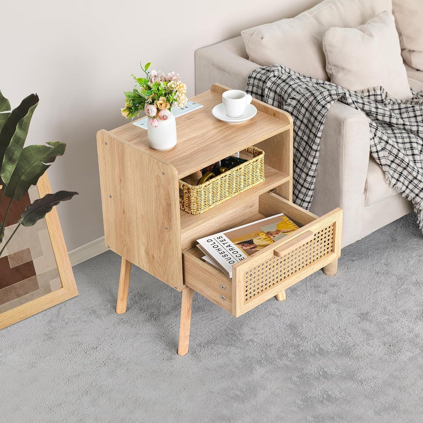 Lerliuo Rattan Nightstand with Charging Station, Boho Side Table with Drawer Open Shelf, Cane Accent Bedside End Table for Bedroom, Dorm and Small Spaces