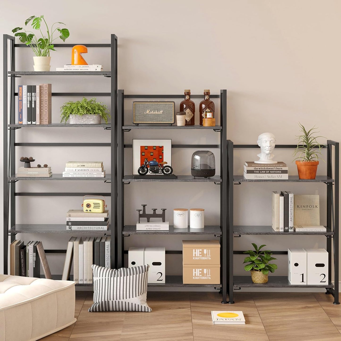 BHG Vintage Multifunctional Folding Bookshelf, No-Assembly Plant Stand Storage Rack Shelves for Home Office (Gray, 5-Tier)