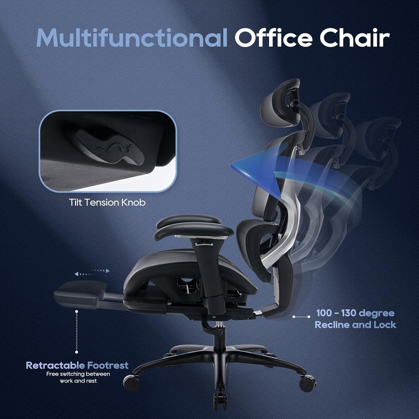COLAMY Ergonomic Mesh Office Chair with Footrest, Executive High Back Computer Desk Chair with Wide Headrest and Adjustable 3D Arms, Backrest Height, Tilt Lock and Lumbar Support, Black