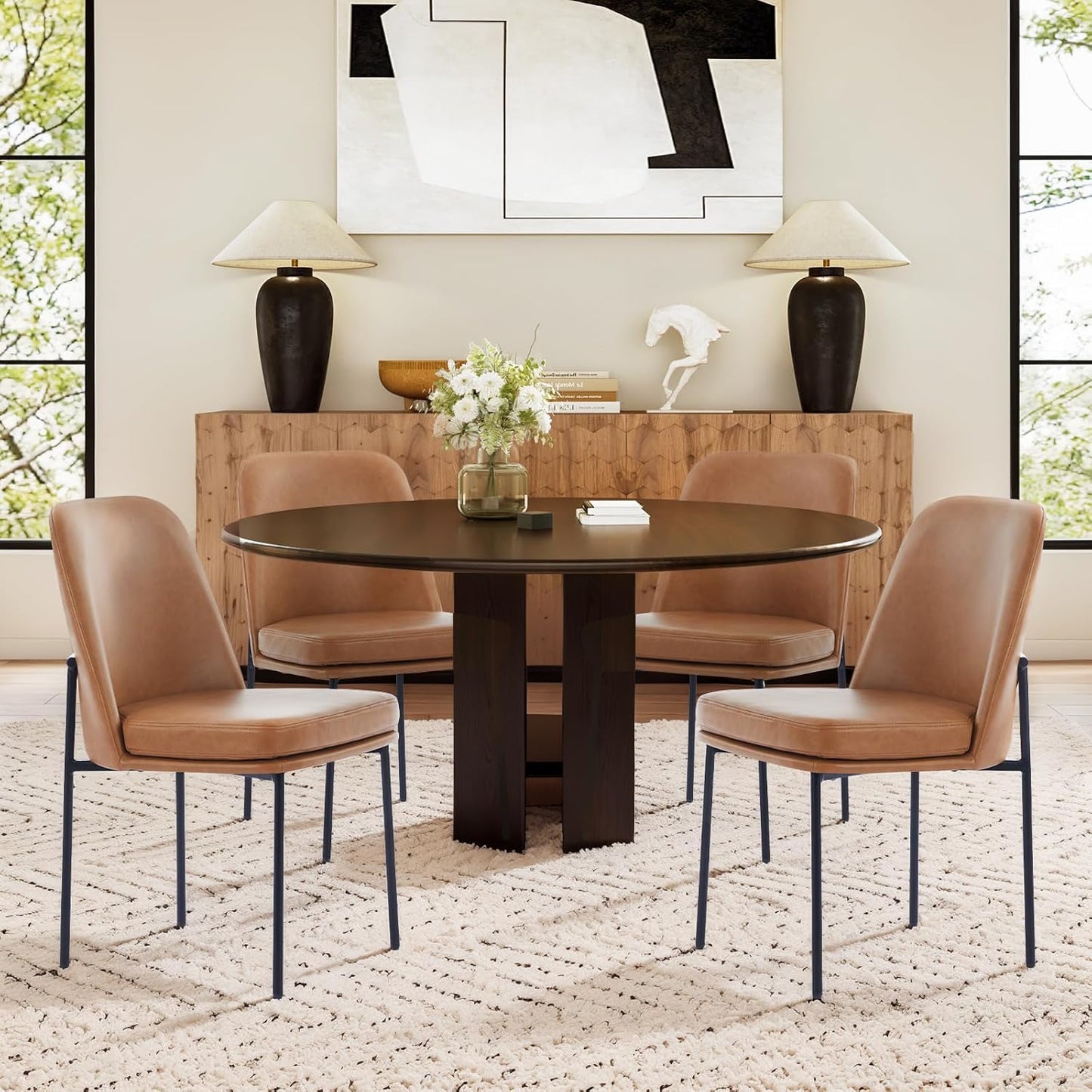 COLAMY Modern Dining Chairs Set of 2, Faux Leather Upholstered Kitchen Chairs with Curved Back & Metal Legs, Mid-Century Dining Room Chair (Brown)