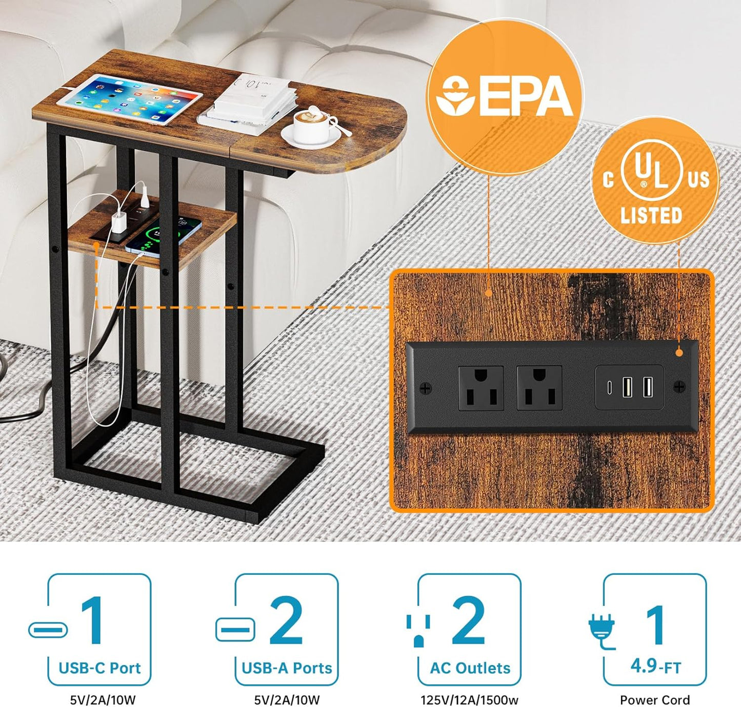 C Shaped End Table with Charging Station, Side Table for Living Room & Bedroom, Couch Laptop Table with USB Ports & Type-C Fast Charging Port, Snack Tray Table for Couch & Bed