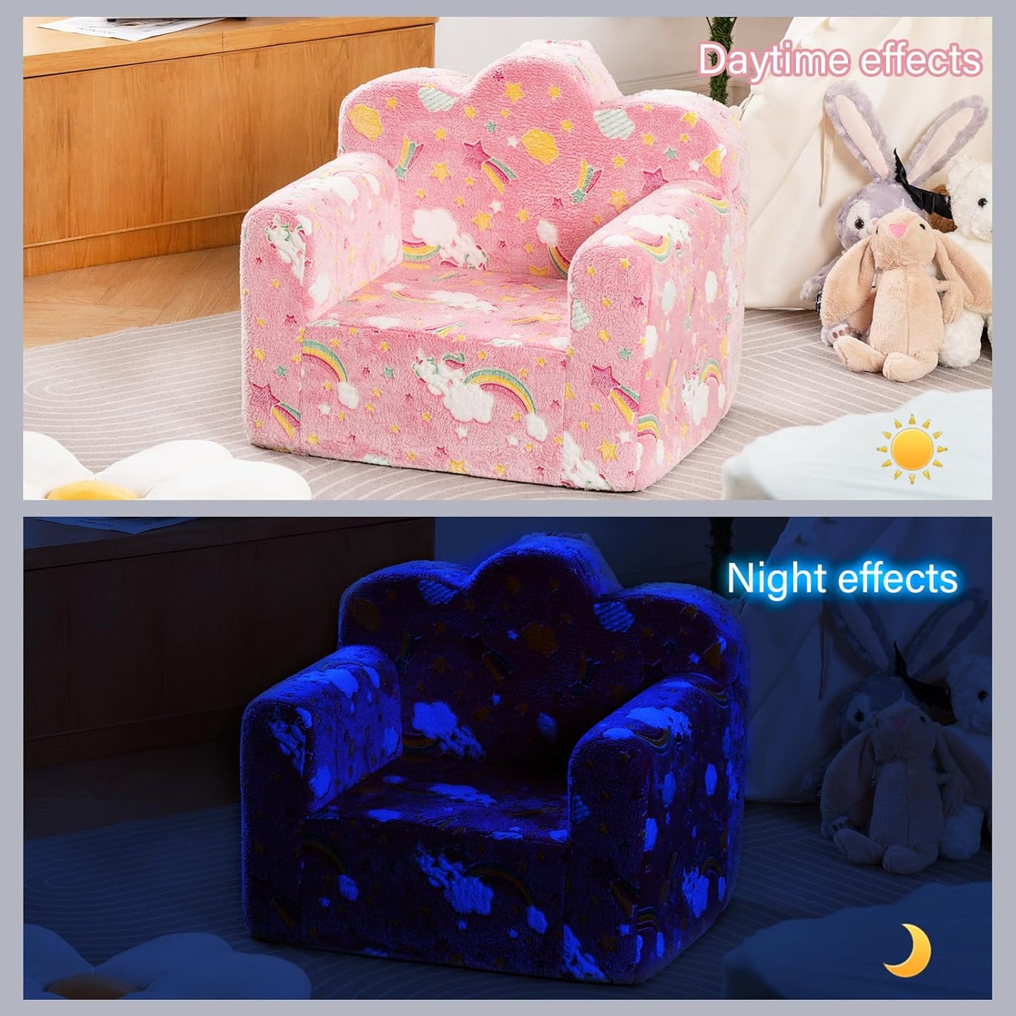Tiita Kids Couch Plush Toddler Chair, Cloud-Like Glow in The Dark Kids Sofa Toddler Reading Chair with Washable Cover Carrying Handle, Convertible Children Sofa Chair for Girls and Boys