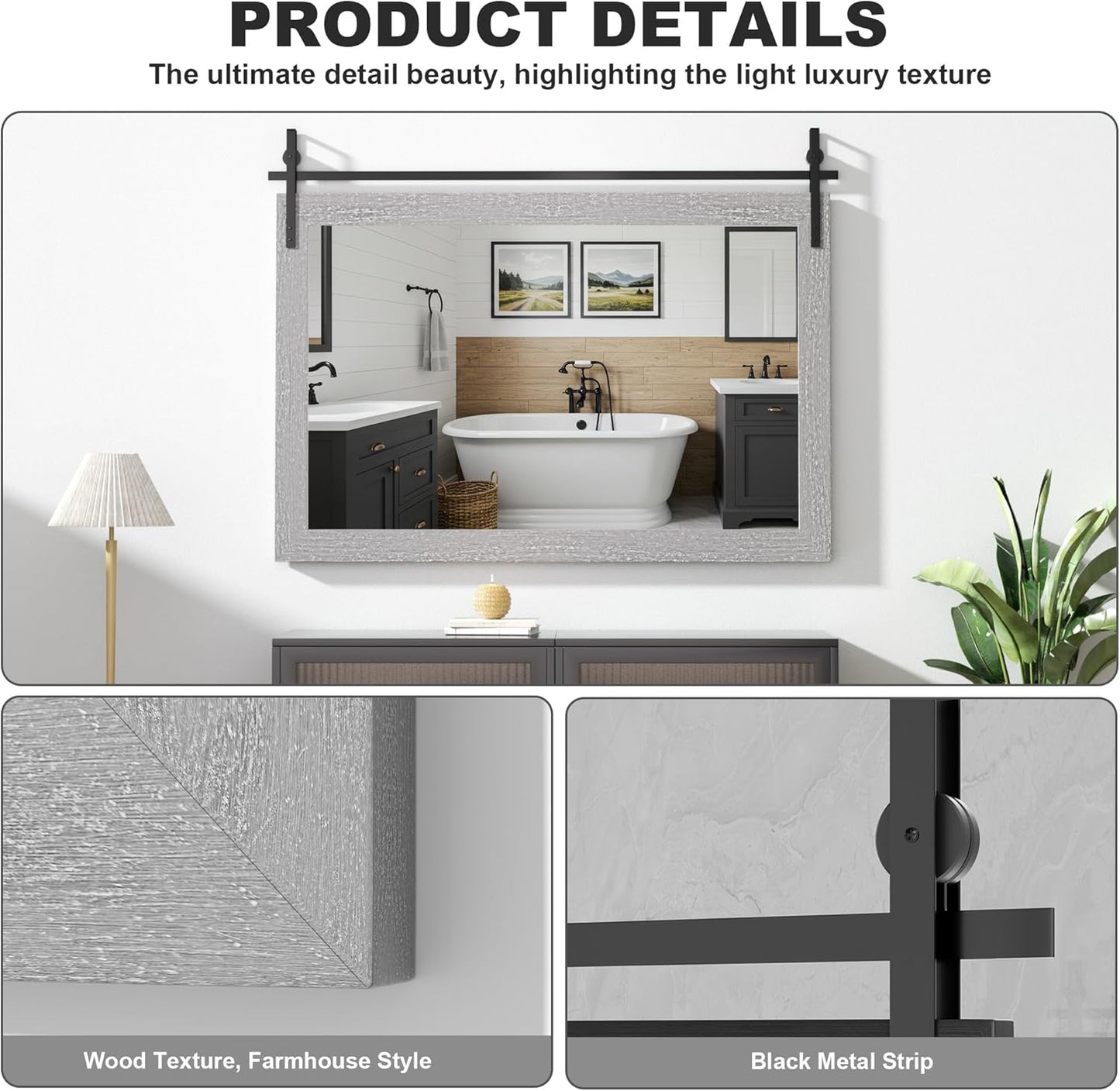 Hasipu Farmhouse Bathroom Mirror, 48"x32" Rustic Wood Framed Wall Mounted Mirror, Gray Vintage Vanity Mirror Barn Door Style Decrative Mirrors