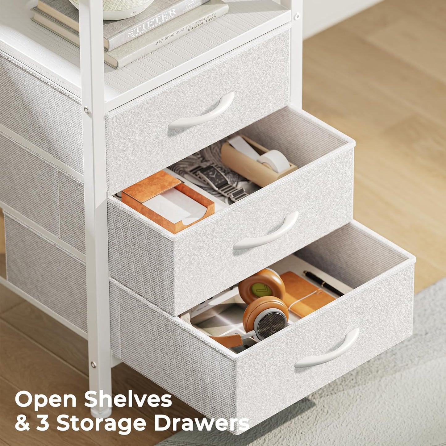 Huuger L Shaped Office Desk with Power Outlets, 55 Inch Computer Desk with 3 Drawers, Shelves, Reverisble for Gaming Corner Work Home Office Study, White