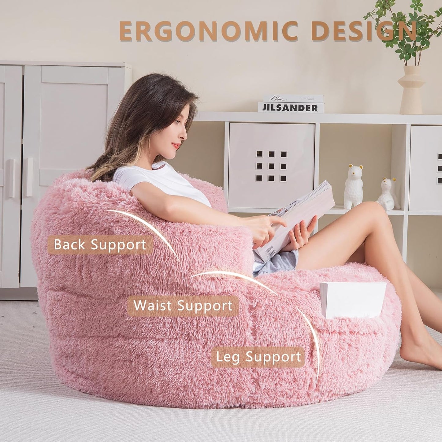 BYBYME Giant Bean Bag Chair, Faux Fur Bean Bag Couch with Filler Large Living Room Bean Bag Chairs for Adults, Big Lazy Sofa Accent Chair with Pocket Floor Chair