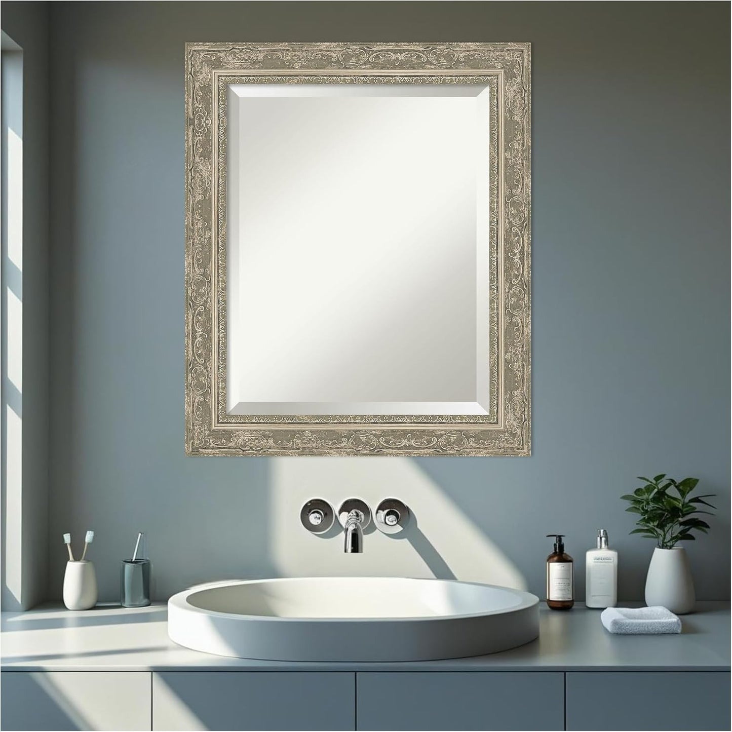 Amanti Art Bathroom Mirror for Over Sink, 25x21 Filigree Silver Rectangle Vanity Mirror, Small Traditional Frame, Hangs Horizonally and Vertically, Bathroom Wall Decor, Beveled Edge