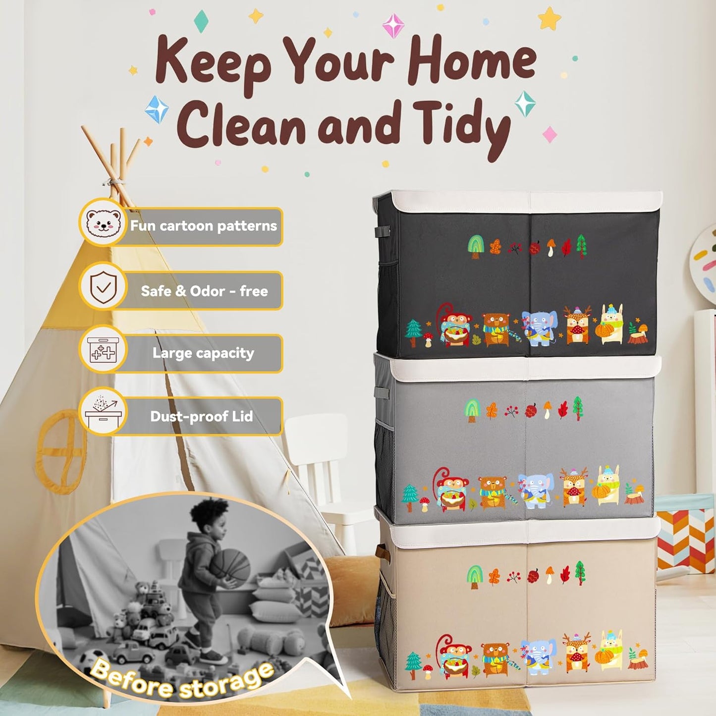 80L Large Toy Storage Box with Lid, Large Toy Box Chest for Kids, Girls and Boys, Nursery Room and Living Room, 26"x13" x16" (Dark Khaki-animal)