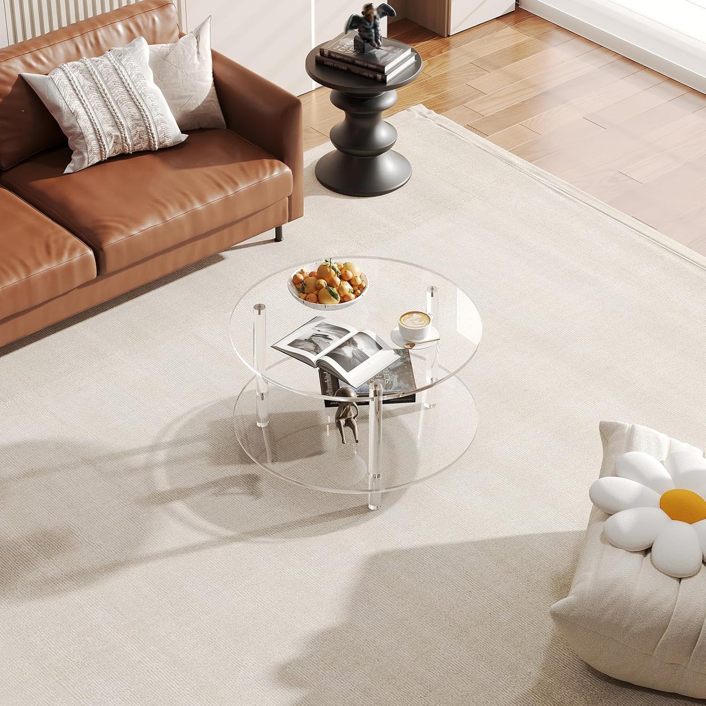 Acrylic Round Coffee Table, 23.6" Wide Modern Tea Table with Storage Shelf, 2-Tier Circle Center Table for Living Room, Office Reception and Apartment (Clear)