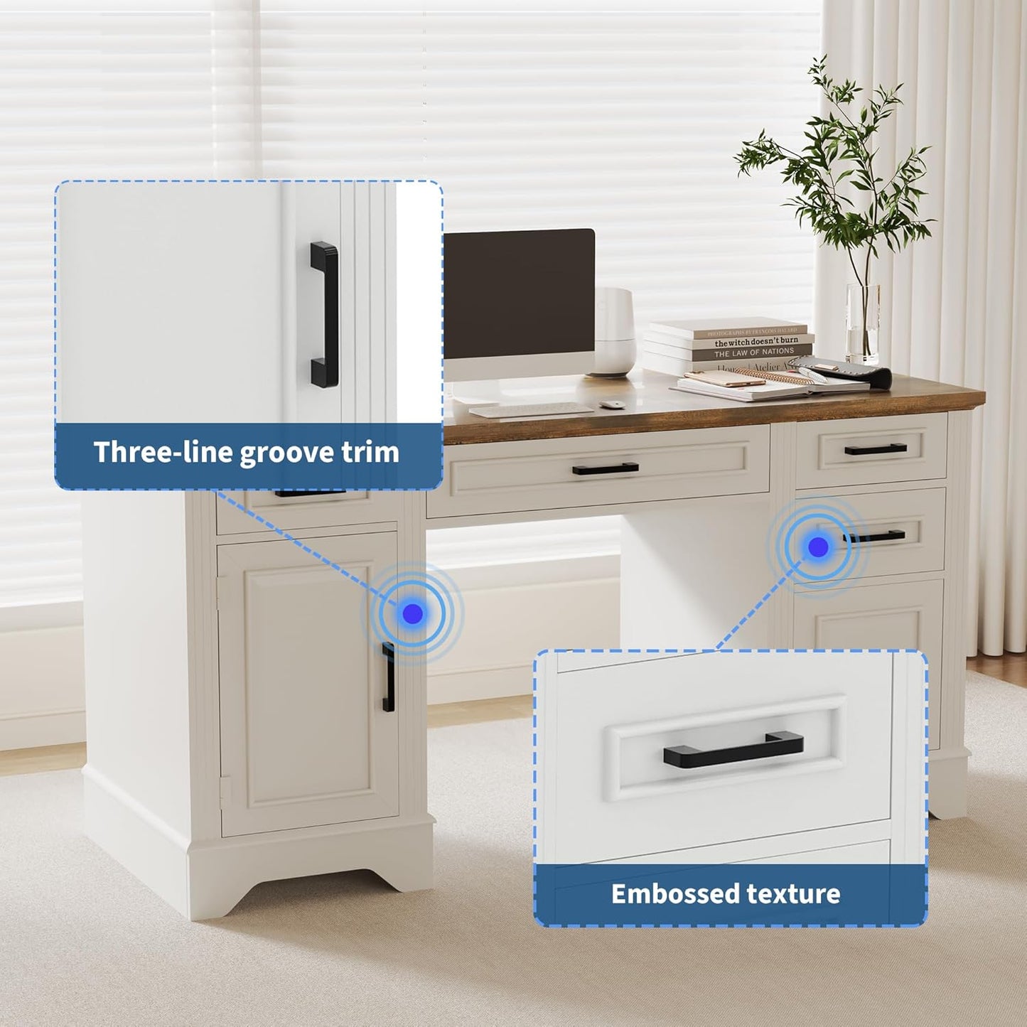 Executive Office Desk, Farmhouse 58" Office Desk with Storage, Wood Executive Computer Desk with Keyboard Tray, File Drawer, Storage Cabinet for Home Office Remote Work-Antique White