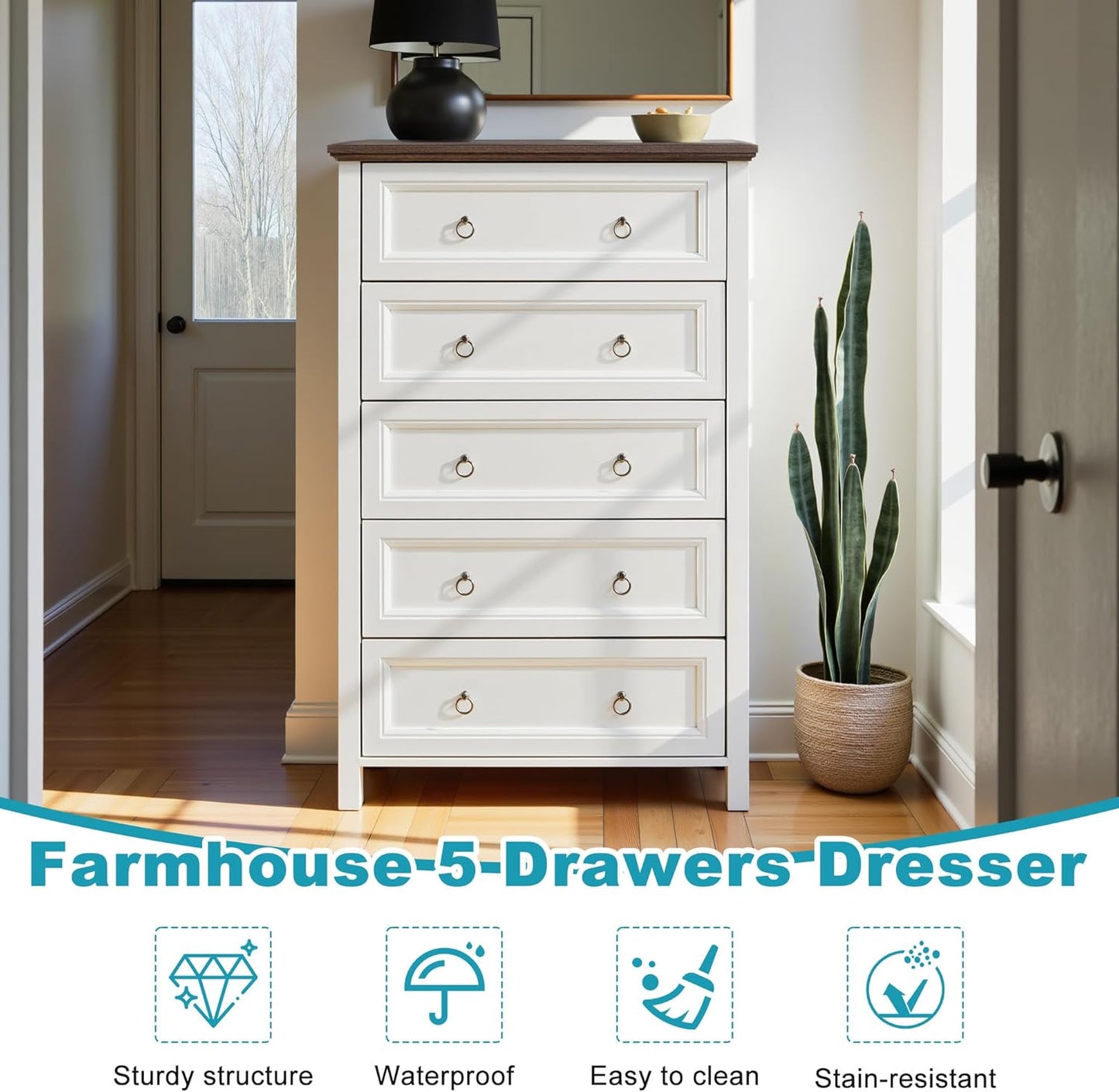 31.3" Farmhouse Sideboard Buffet Cabinet with Storage, Kitchen Buffet Storage Cabinet with 5 Drawers, Modern Wood Accent Sideboard for Living Room, Kitchen, Hallway(Ivory White)