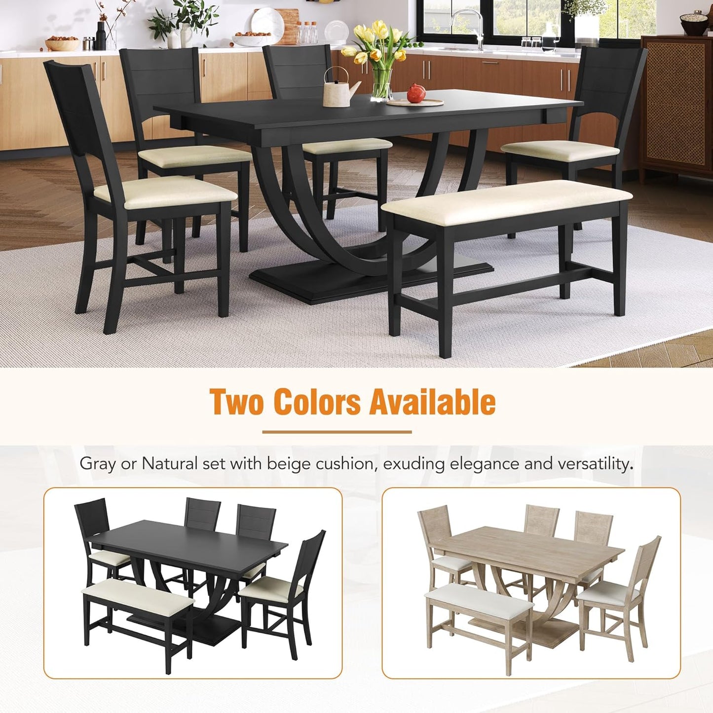 Ball & Cast Dining Table Set for 6,6-Piece Kitchen Table Set W/ 1 Bench & 4 Cushioned Chairs,59" Rectangular Desk W/Half Round Legs & Rectangle Base,for Dining Room,Kitchen,Restaurant,Gray