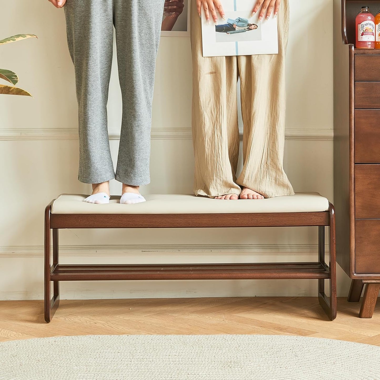 Solid Wood Shoe Bench, 2-Tier Wooden Storage Entryway Bench, Mid-Century Modern Shoe Bench Rack, End of Bed Bench with Faux Leather Cushion, Ottoman Bench for Hallway, Living Room (Cream Grey 31.5'')