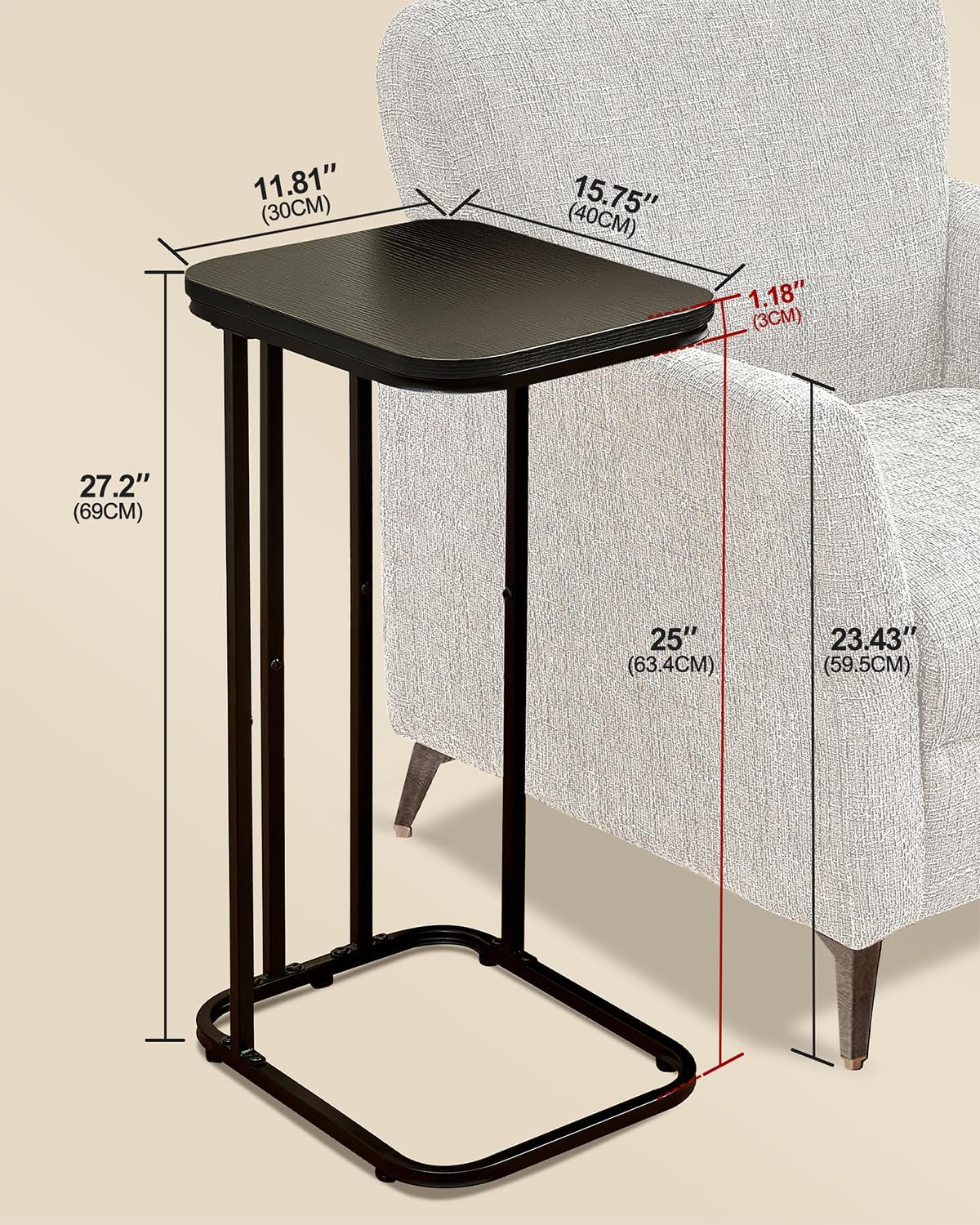 C Shaped End Table, 27 Inches High Small Side Table for Sofa and Bed, Couch Table That Slides Under, Tall Tv Tray Table for Living Room, Bedroom, Metal Frame, Ebony Black