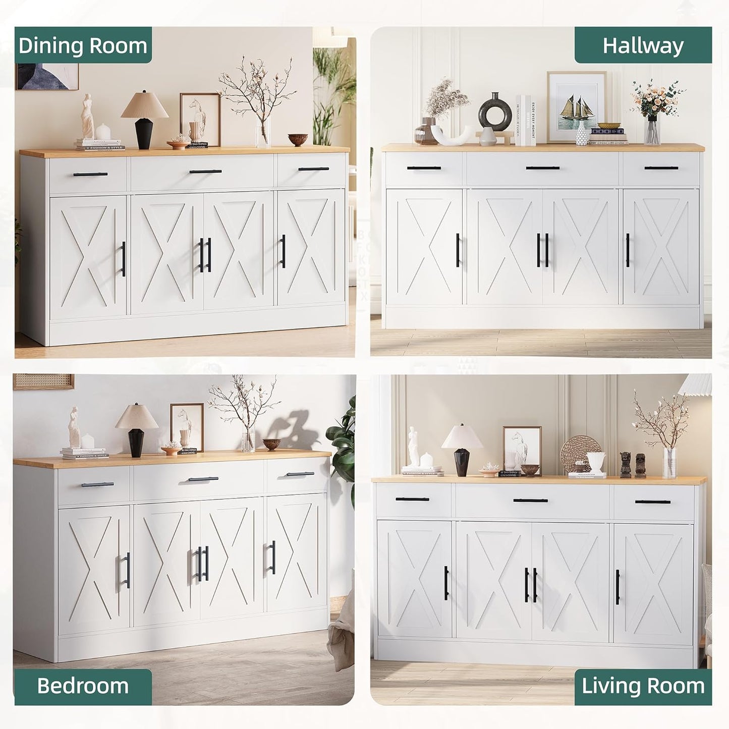 Shintenchi Sideboard Buffet Cabinet with Storage,53.4" Large Kitchen Buffet Storage Cabinet with 3 Drawers and 4 Doors,Wood Farmhouse Sideboard with Adjustable Shelf for Kitchen, Living Room,White