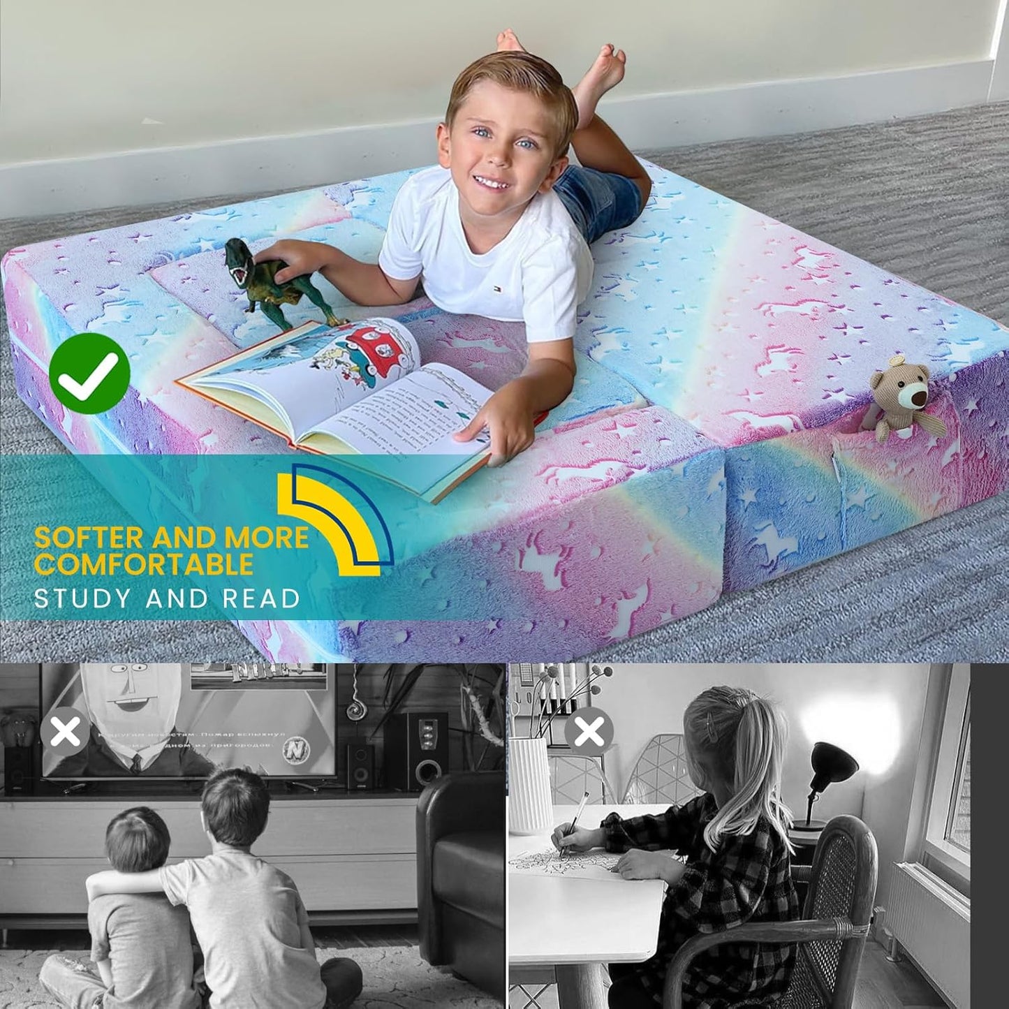 MeMoreCool Glow in The Dark Kids Couch, Rainbow Fold Out Toddler Sofa, Modular Play Couch for Bedroom and Playroom, Baby Sofa Kids Furniture