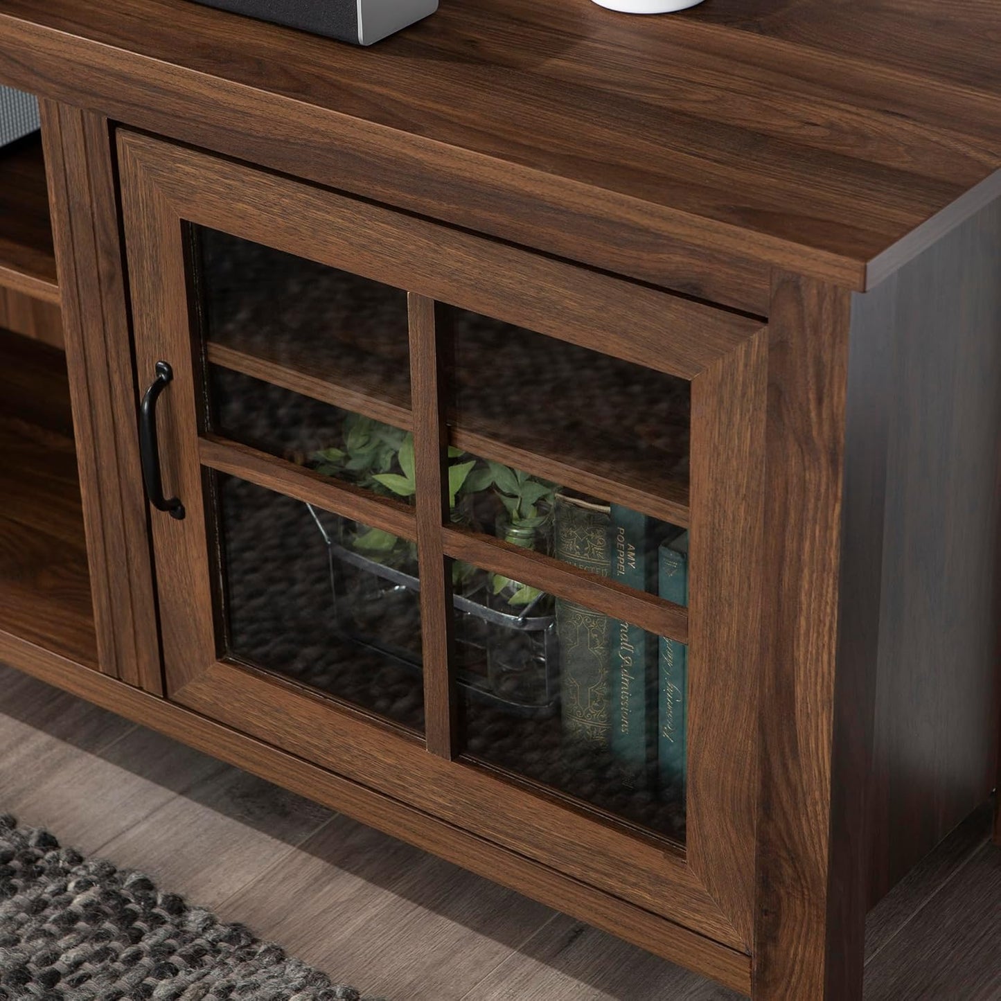 Walker Edison Portsmouth Classic 2 Glass Door TV Stand for TVs up to 80 Inches, 70 Inch, Dark Walnut