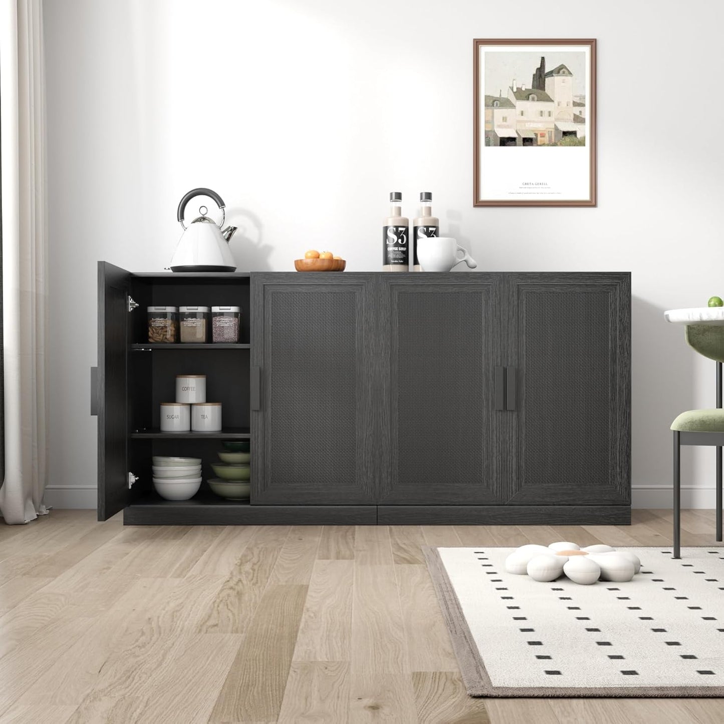 Buffet Cabinet, 2-Doors Sideboard Cabinet with Rattan Panels, Buffet Console Accent Table for Hallway Entryway Dining Room, 31", Black