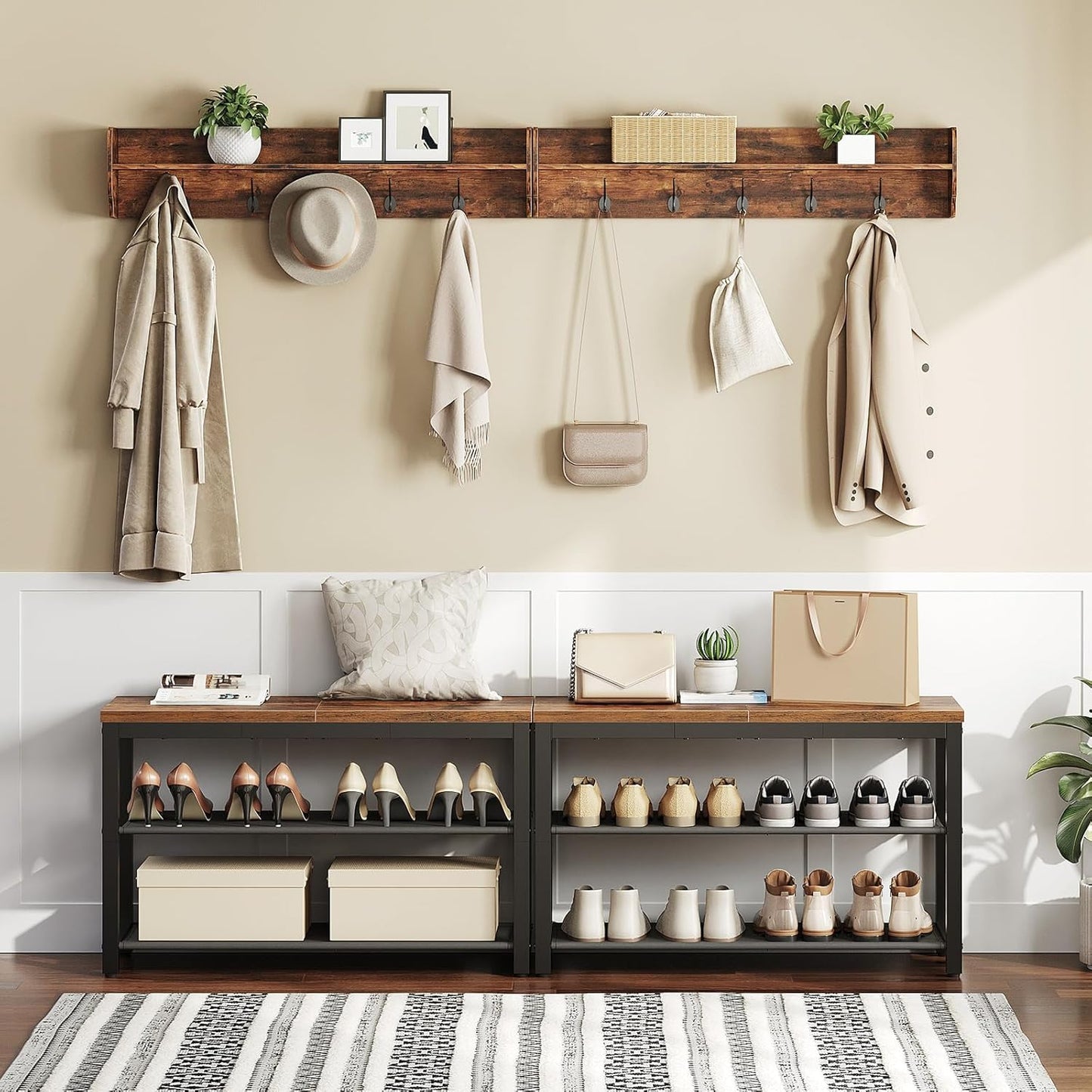 HOOBRO Shoe Bench, 3-Tier Shoe Rack with Oxford Fabric Shelves, 29.5" L Shoe Storage Organizer, Holds 6-8 Pairs of Shoes for Entryway and Hallway, Lightweight, Rustic Brown and Black BF77HX01