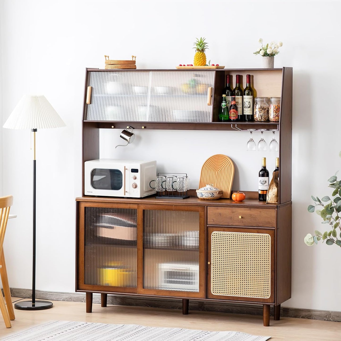 Tiita Kitchen Hutch with Countertop, 69” Rattan Solid Wood Pantry Cabinet with Hutch, Boho Bamboo Sideboard Buffet Cabinet, Boho Entryway Table for Living Room, Home Bar, Hallway, Walnut