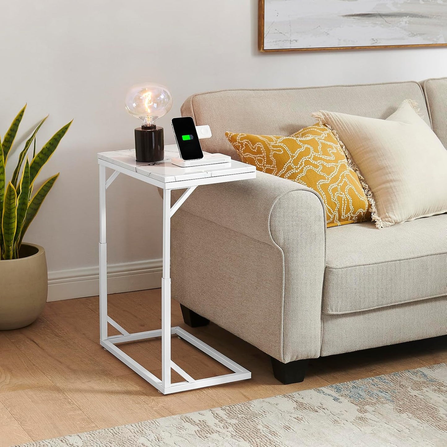 C-Shaped End Table, Small Sofa Table with Metal Frame, Adjustable Height Side Table for Couch, Living Room, Bedroom, Bedside (White, Medium)