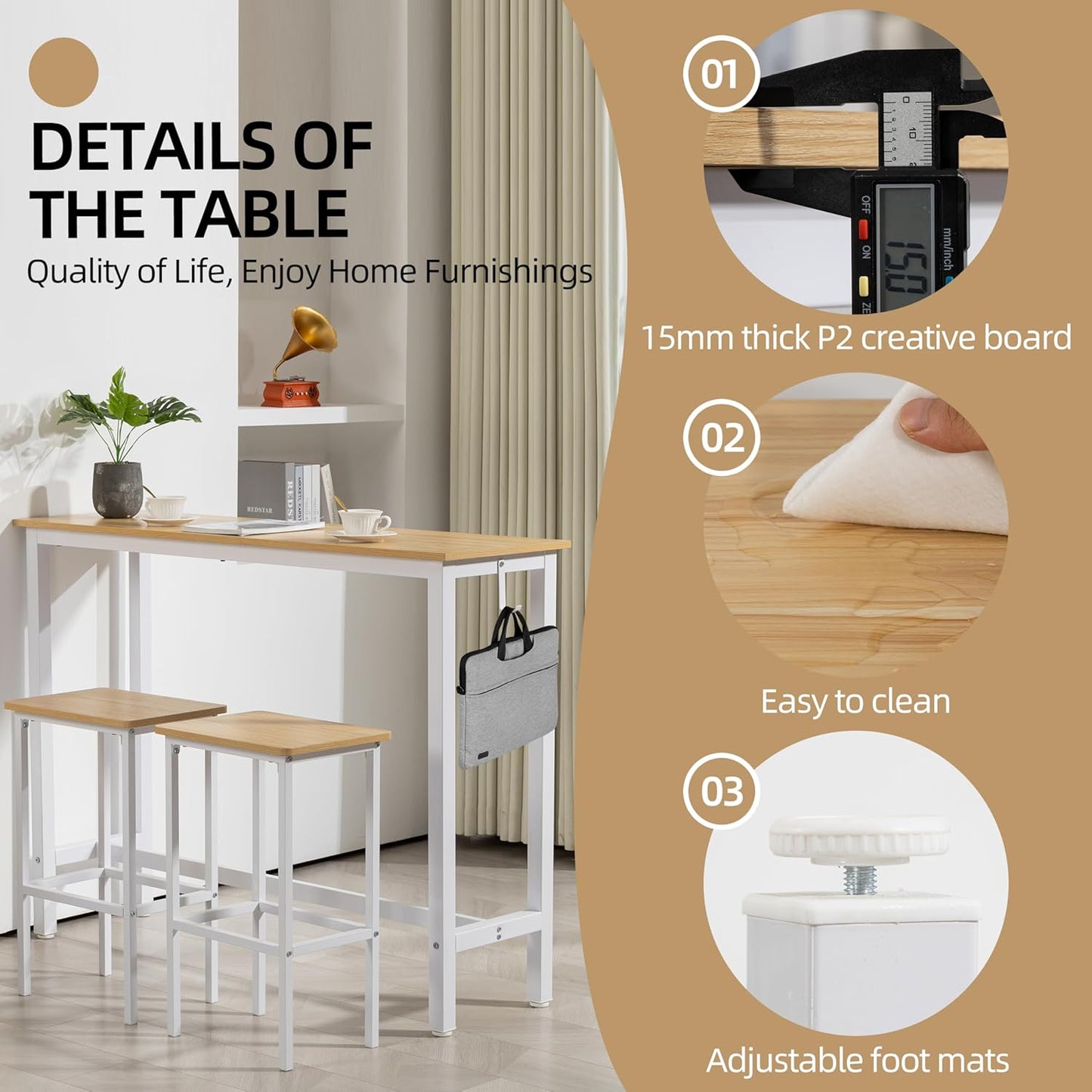 Finnhomy 52.7" Industrial Bar Table Set with 2 Stools - Counter Height Dining & Pub Table for Small Spaces, Kitchen, Apartment, Breakfast - Metal & Wood, Space-Saving Furniture - Oak Beige and White