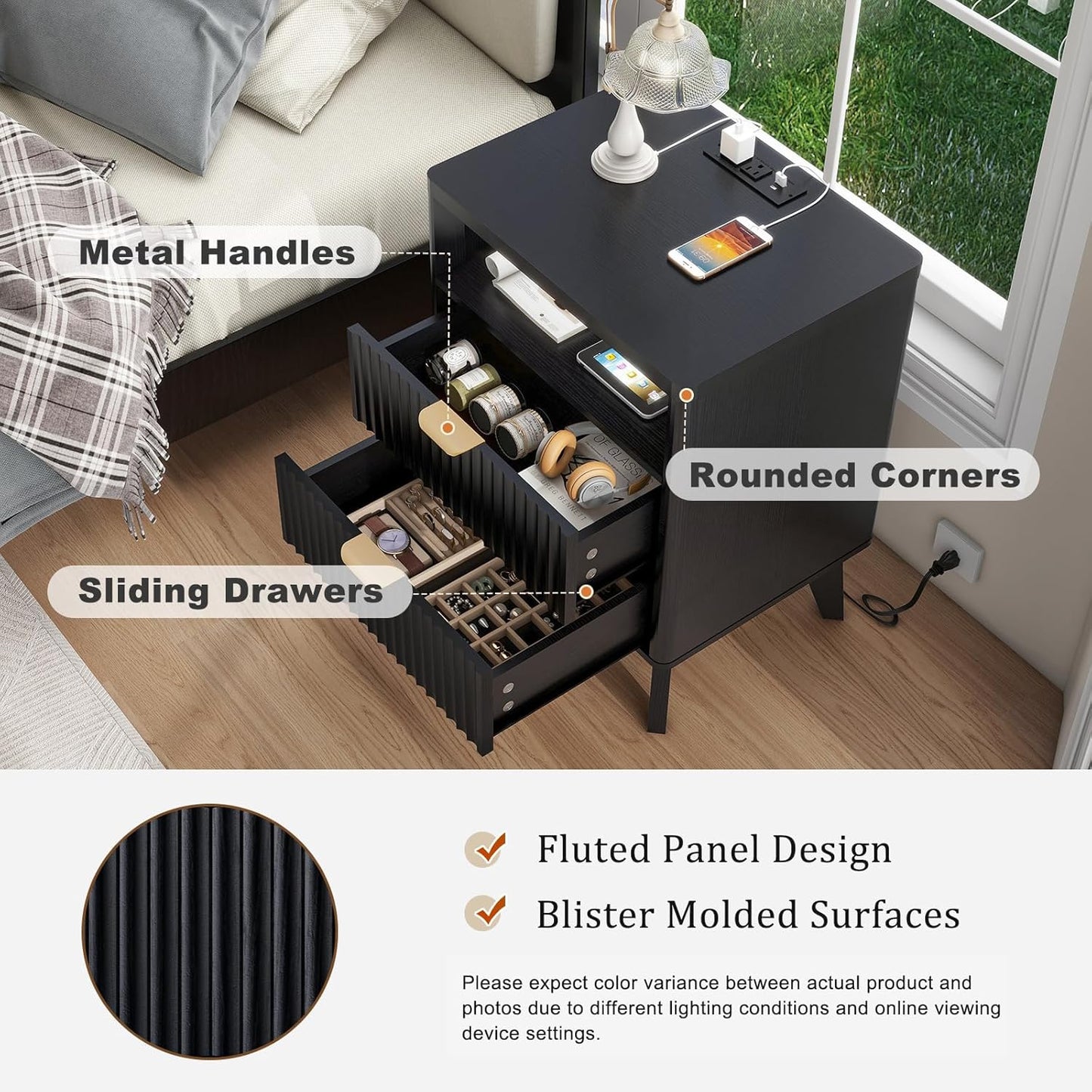 Fluted Nightstand Set of 2 with Charging Station, 19.7 inch Wide End Table with 2 Drawers, Modern Wood Bedside Table for Bedroom, Black