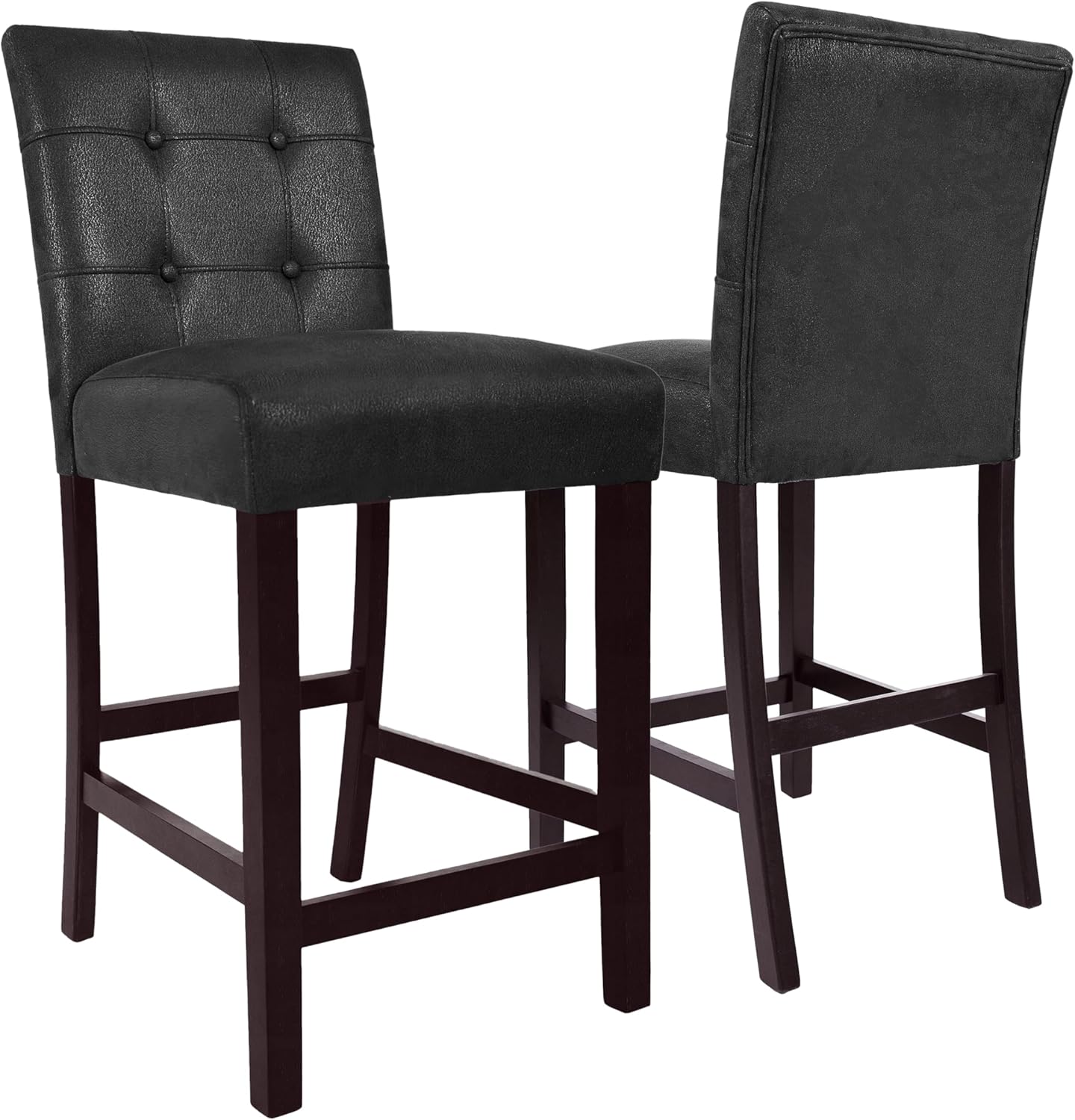 HomePop 24" Upholstered Button Tufted Leatherette Counter Height Barstool Chairs, Matt Black Faux Leather (Set of 2)