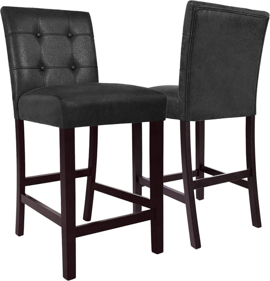 HomePop 24" Upholstered Button Tufted Leatherette Counter Height Barstool Chairs, Matt Black Faux Leather (Set of 2)
