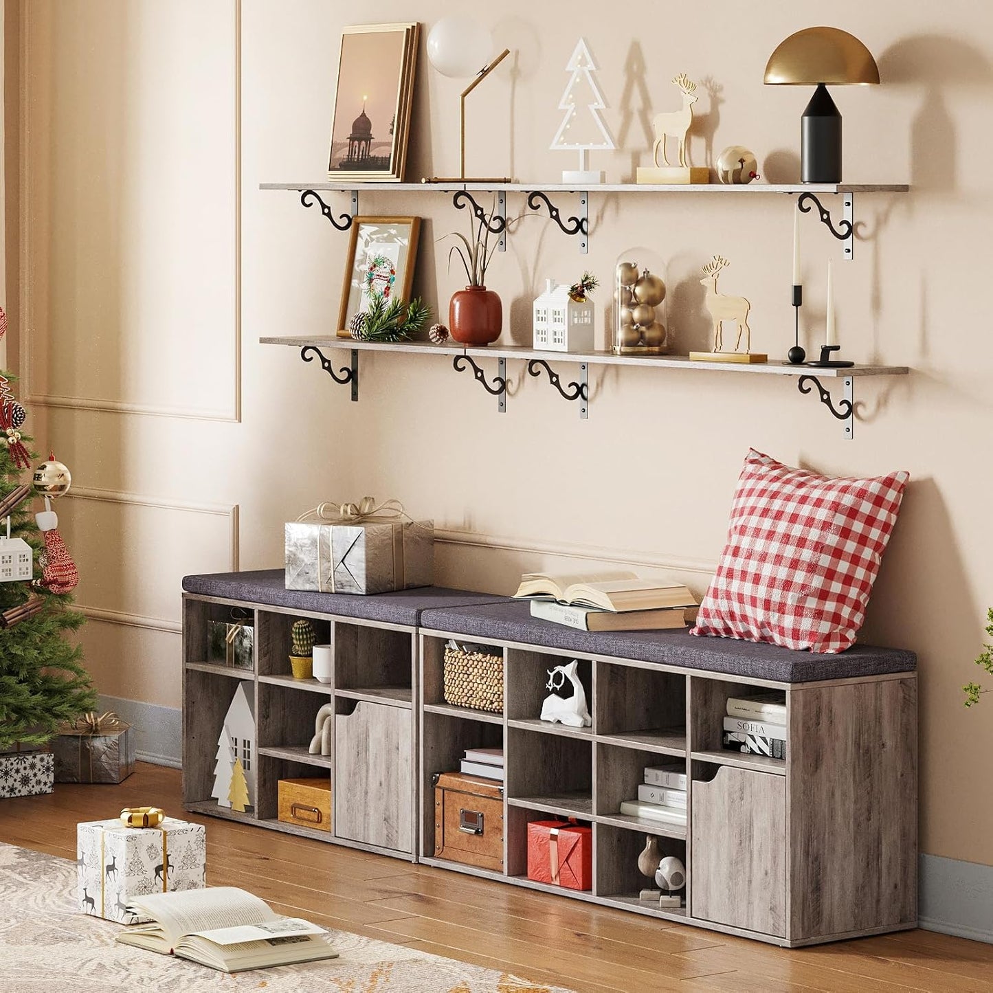 DINZI LVJ Long Wall Shelves, 31.5 Inch Large Floating Shelves Set of 2, Wide Display Shelf Wall Mounted with Brackets, Easy Hanging for Living Room, Toilet, Office, Bedroom, Greige