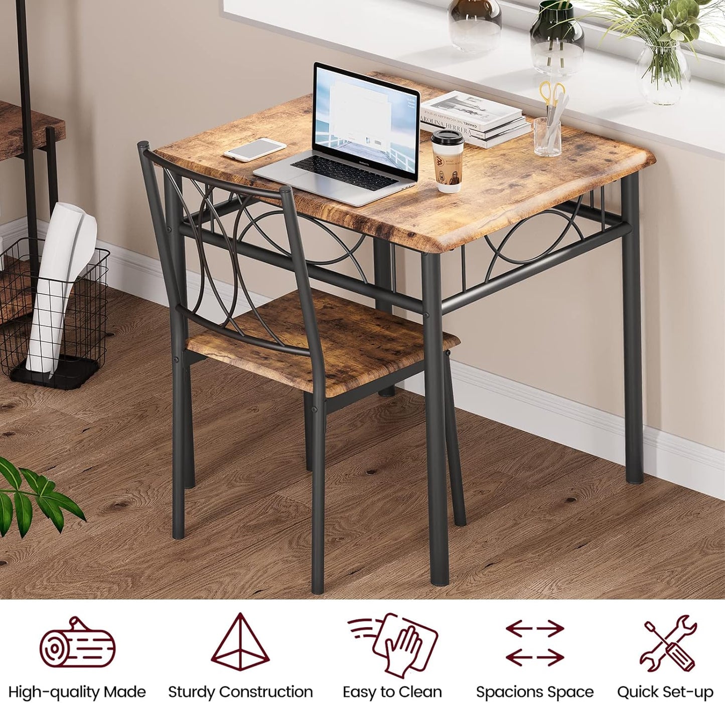 CABIHOME Dining Table Set for 2, 3 Piece Kitchen Table Set for 2, Square Kitchen Table Set of 2, Dining Table Set for Small Space, Apartment, Dining Room, Retro Brown