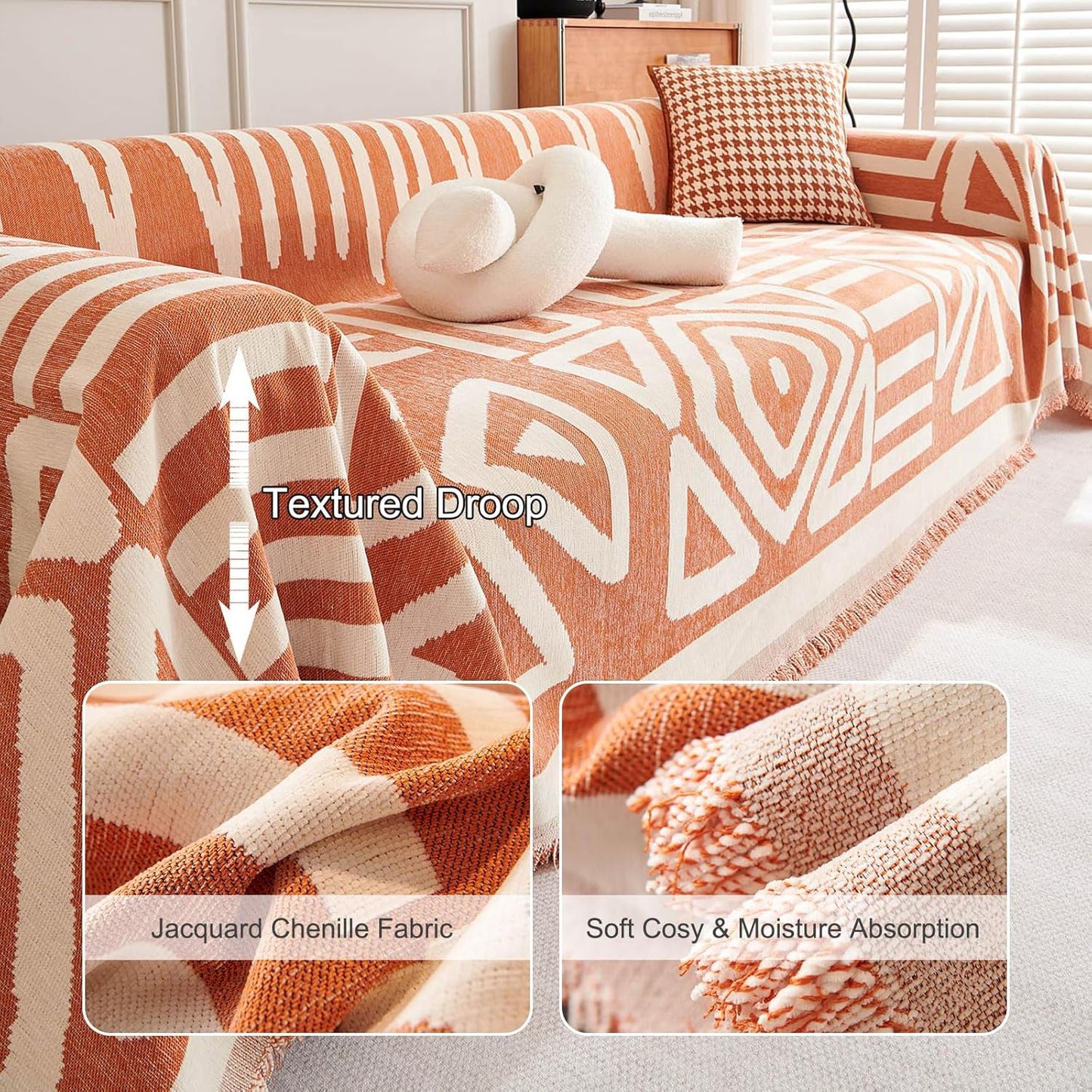 STACYPIK Soft Thick Boho Orange Loveseat Sofa Covers Modern Geometric Couch Cover for 1 Cushion Couch Reversible Pet-Friendly Protector Covers with Tassels Washable Caramel Sofa Throw Covers-71X71IN