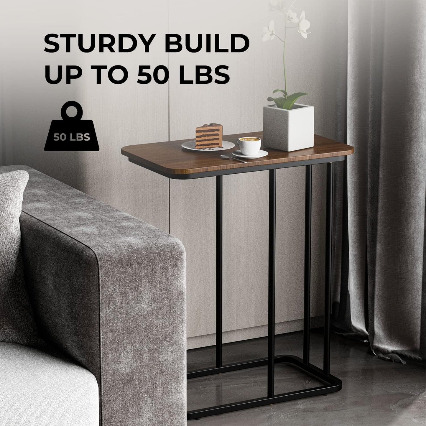 C Shaped Side Table, Small End Table MDF Black Walnut Coffee Table, Modern Simplicity C End Table with Steel Frame for Living Room, Bedroom (Black Walnut)