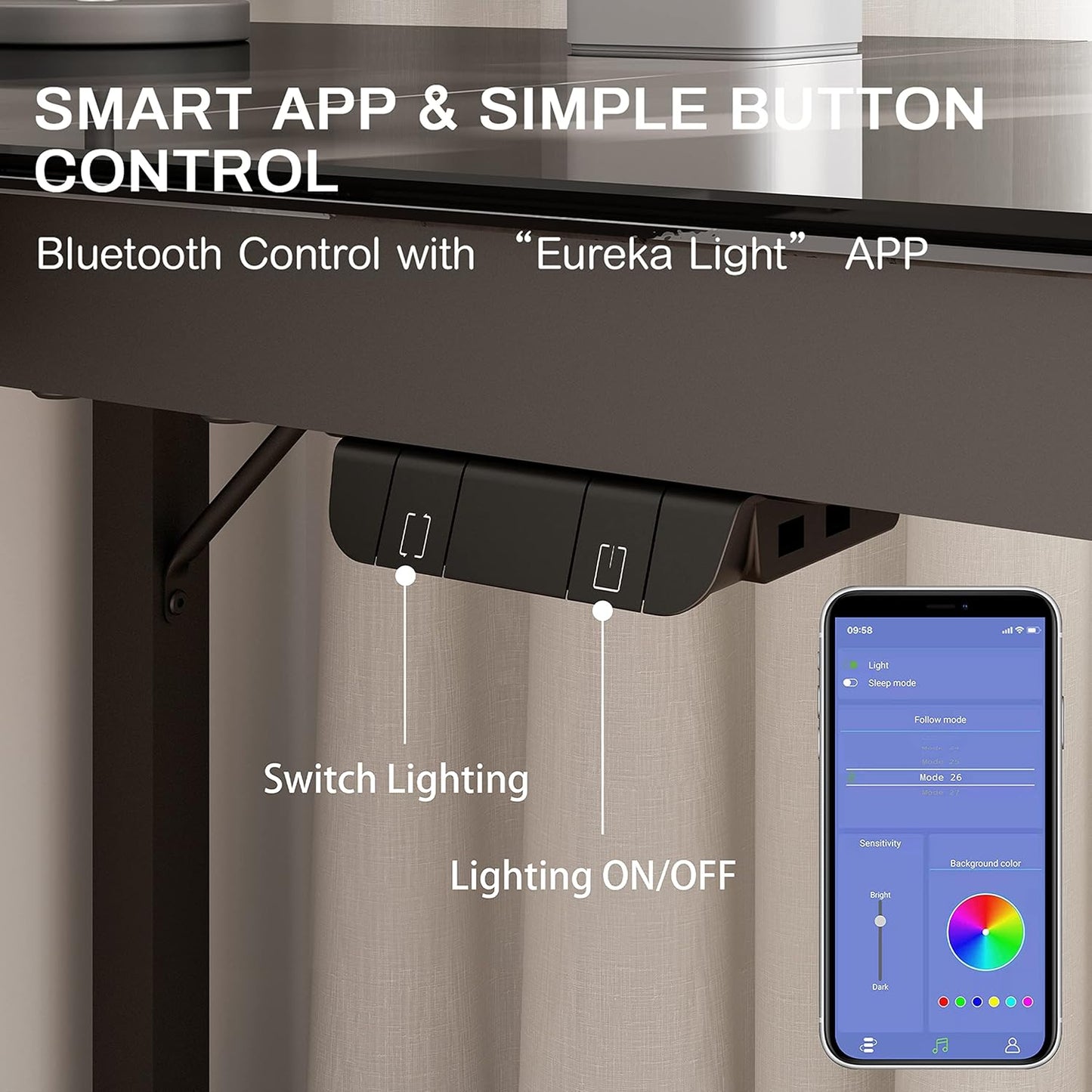 EUREKA ERGONOMIC RGB LED Lights 60 Inch L Shaped Reversible Black Glass Gaming Desk Home Office Computer Table GTG L60